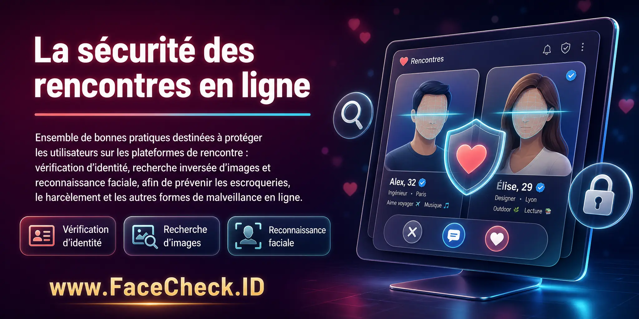 La sécurité des rencontres en ligne est un ensemble de mesures recommandées pour protéger les utilisateurs sur les plateformes de rencontre, comprenant la vérification d'identité, la recherche inversée d'images et la reconnaissance faciale, visant à prévenir escroqueries, harcèlement et autres formes de malveillance en ligne.