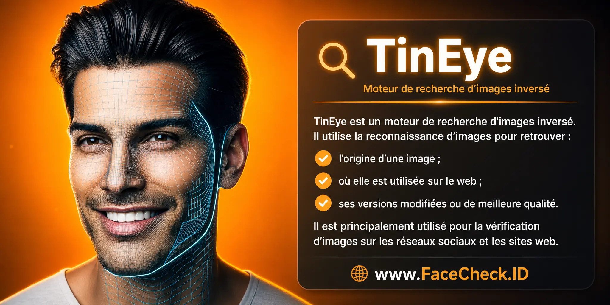 TinEye est un moteur de recherche d'images inversé qui utilise la reconnaissance d'images pour trouver l'origine d'une image spécifique, son utilisation, ses versions modifiées et de meilleure qualité, principalement utilisé pour la vérification d'images sur les réseaux sociaux et les sites web.