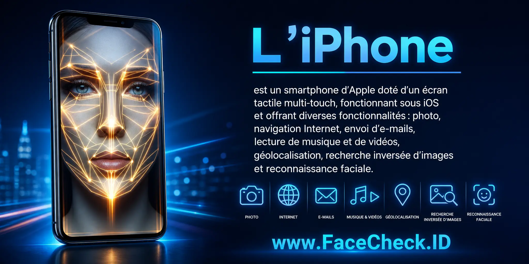 L'iPhone est un smartphone d'Apple doté d'un écran tactile multi-touch, utilisant le système d'exploitation iOS et offrant diverses fonctionnalités comme la photo, la navigation internet, l'envoi d'emails, la lecture de musique et vidéo, la géolocalisation, la recherche d'images inversée et la reconnaissance faciale.
