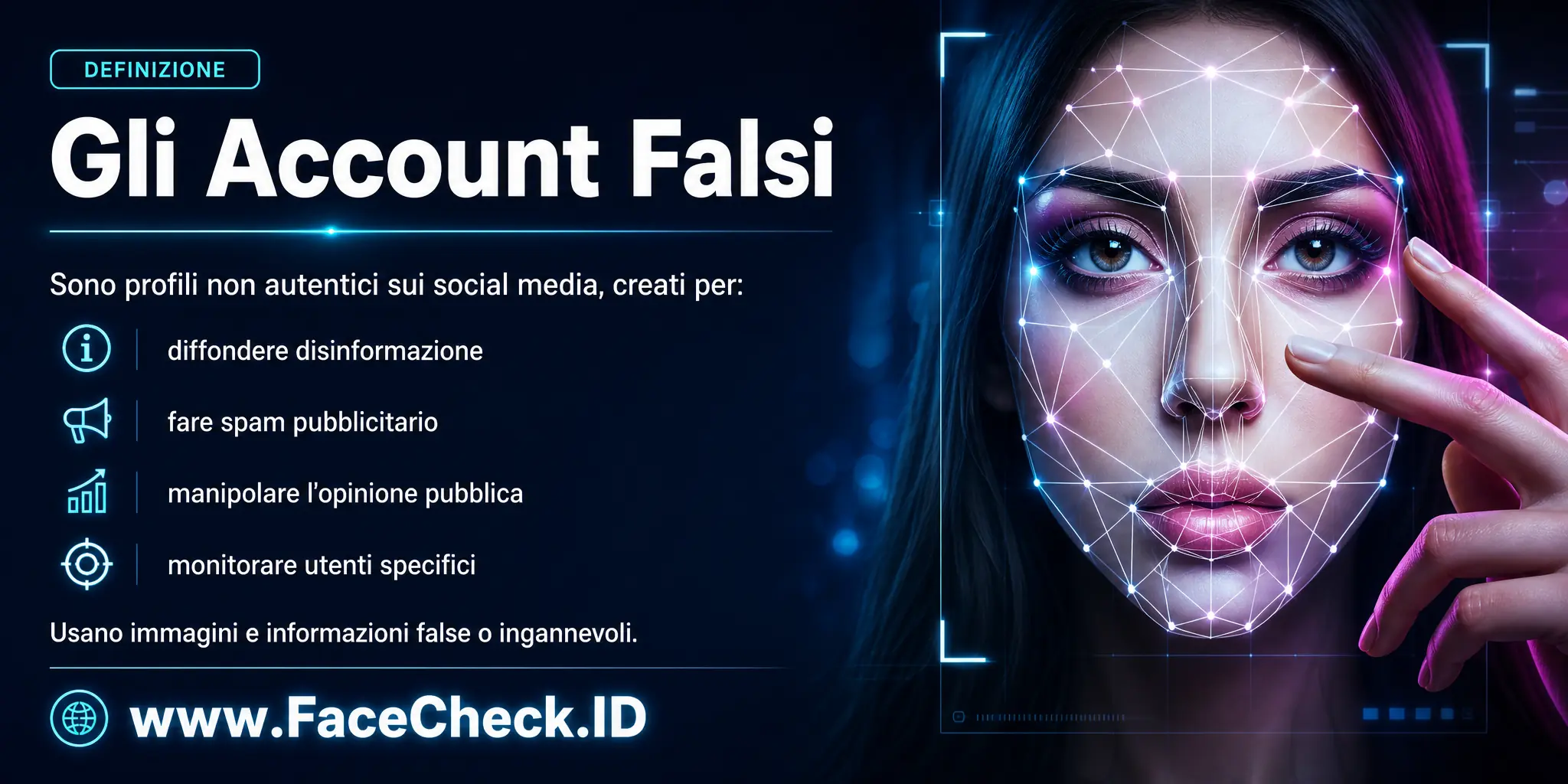 Gli Account Falsi sono profili non autentici su social media creati per scopi come diffondere disinformazione, fare spam pubblicitario, manipolare l'opinione pubblica o monitorare utenti specifici, utilizzando immagini e informazioni false o ingannevoli.