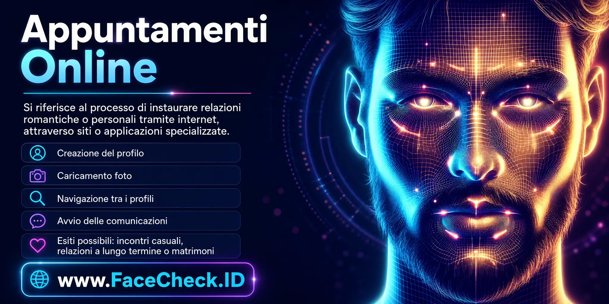 Appuntamenti Online si riferisce al processo di instaurare relazioni romantiche o personali tramite internet, generalmente attraverso siti o applicazioni specializzate che permettono agli utenti di creare profili, caricare foto, navigare tra i profili altrui e iniziare comunicazioni, potendo portare a incontri casuali, relazioni a lungo termine o matrimoni.