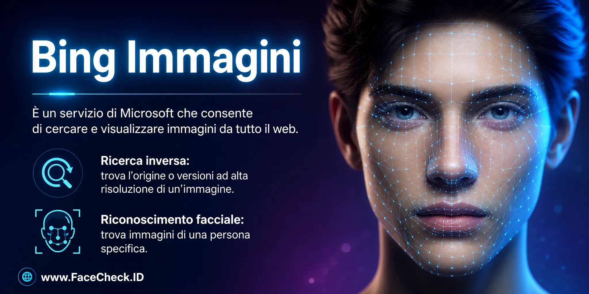 Bing Immagini è un servizio di Microsoft che permette di cercare e visualizzare immagini da tutto il web, con funzioni di ricerca inversa per trovare l'origine o versioni ad alta risoluzione di un'immagine, e di riconoscimento facciale per trovare immagini di una persona specifica.