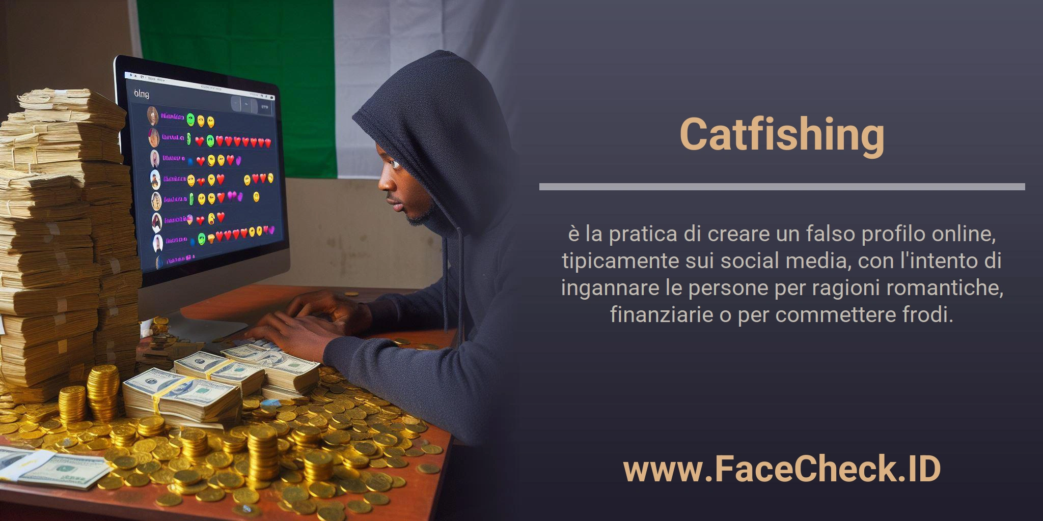 Catfishing è la pratica di creare un falso profilo online, tipicamente sui social media, con l'intento di ingannare le persone per ragioni romantiche, finanziarie o per commettere frodi.