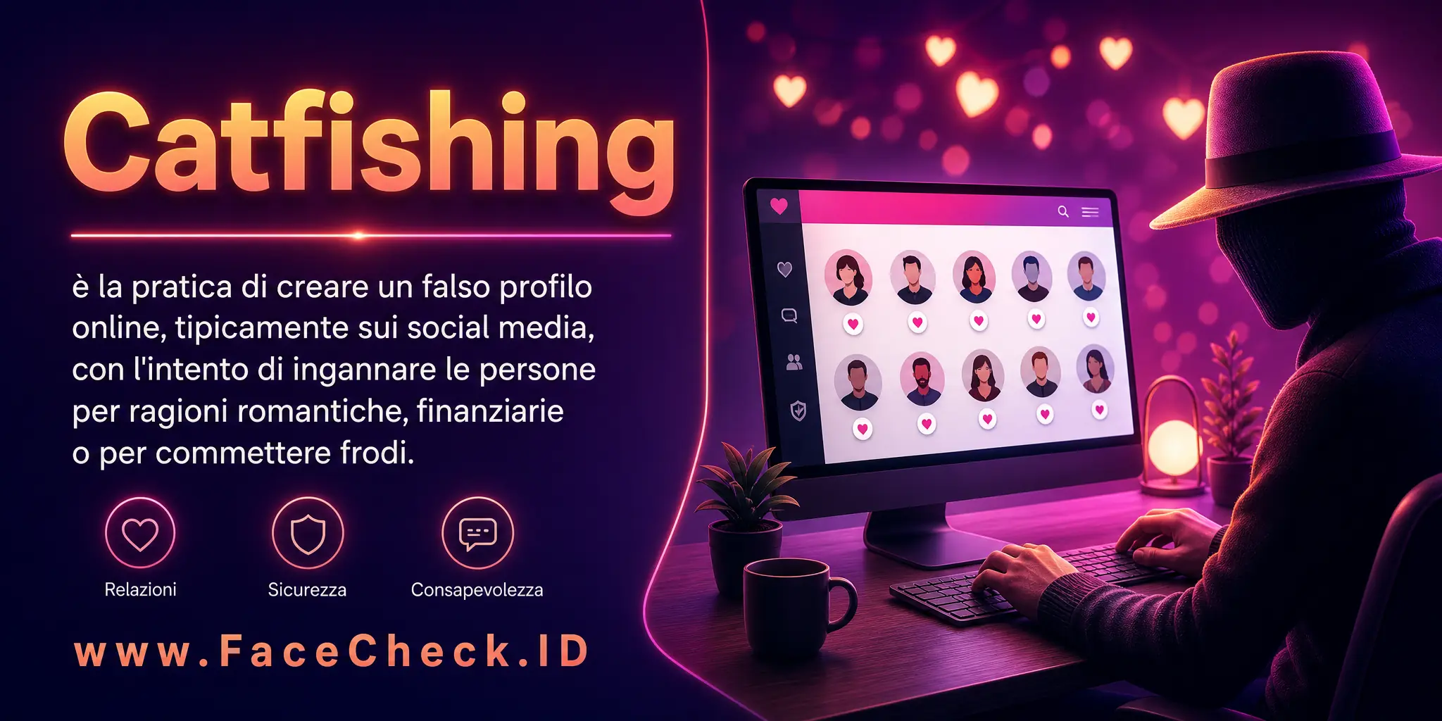 Catfishing è la pratica di creare un falso profilo online, tipicamente sui social media, con l'intento di ingannare le persone per ragioni romantiche, finanziarie o per commettere frodi.