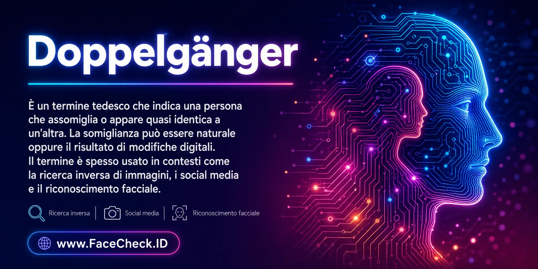 Doppelgänger è un termine tedesco che si riferisce a una persona che assomiglia o appare quasi identica a un'altra, somiglianza che può essere naturale o risultato di modifiche digitali, usato spesso in contesti come la ricerca di immagini inverse, i social media e la ricerca facciale.