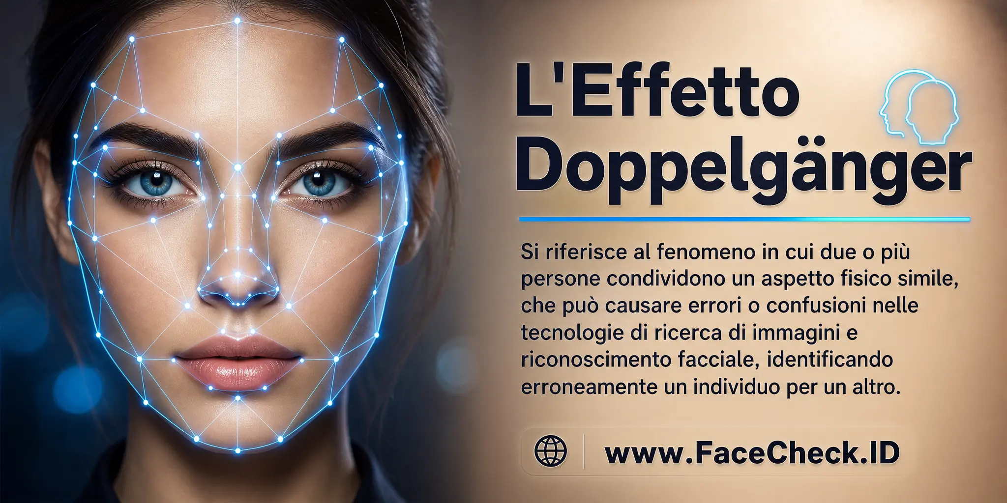 L'Effetto Doppelgänger si riferisce al fenomeno in cui due o più persone condividono un aspetto fisico simile, che può causare errori o confusioni nelle tecnologie di ricerca di immagini e riconoscimento facciale, identificando erroneamente un individuo per un altro.