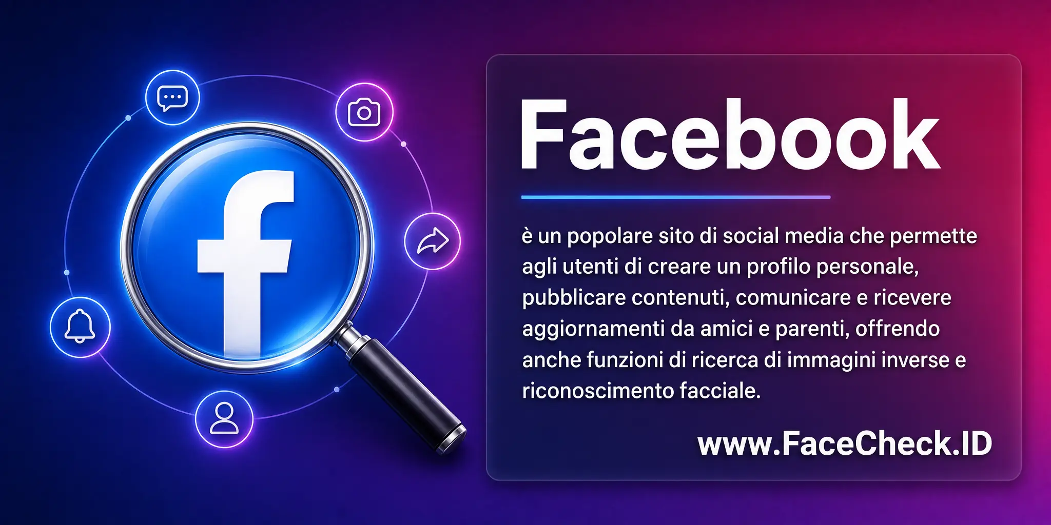 Facebook è un popolare sito di social media che permette agli utenti di creare un profilo personale, pubblicare contenuti, comunicare e ricevere aggiornamenti da amici e parenti, offrendo anche funzioni di ricerca di immagini inverse e riconoscimento facciale.