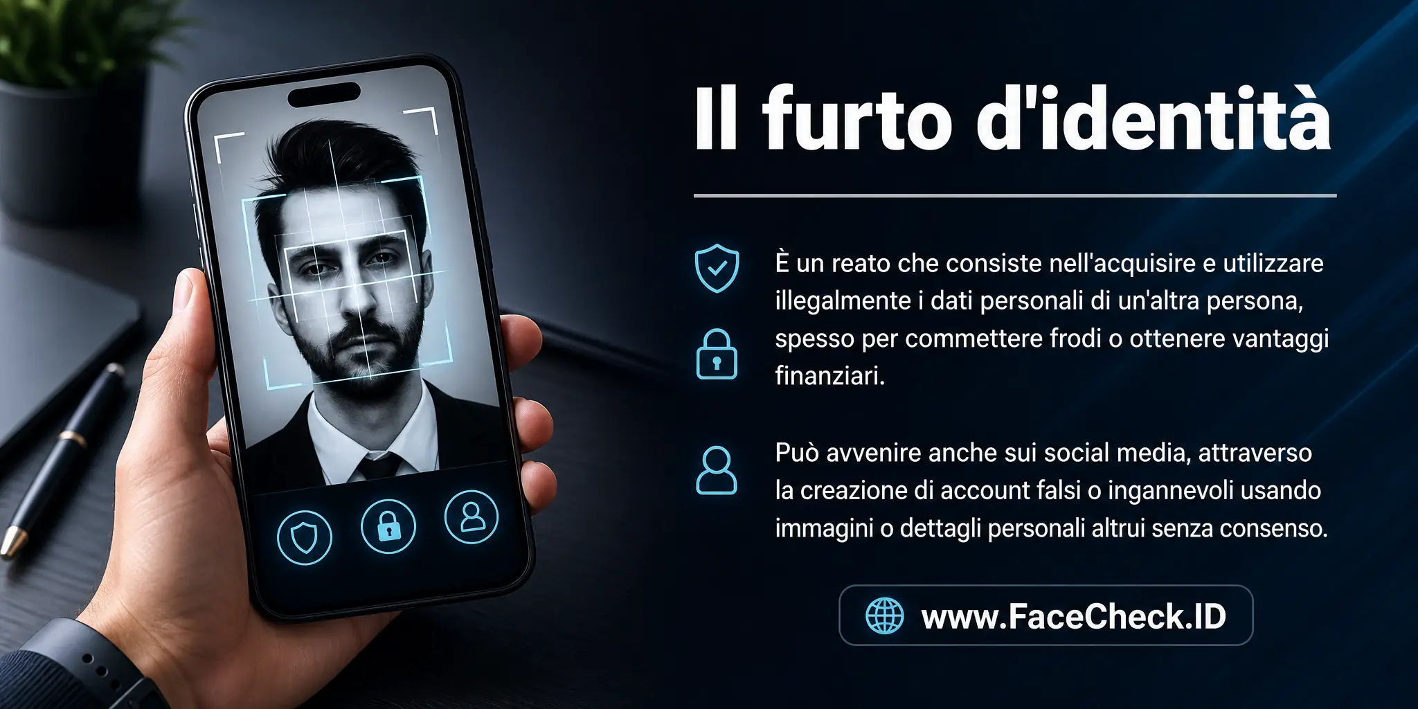 Il furto d'identità è un reato che consiste nell'acquisire e usare illegalmente le informazioni personali di un'altra persona, spesso per commettere frode o ottenere vantaggi finanziari, e può avvenire anche sui social media attraverso la creazione di account falsi o ingannevoli usando immagini o dettagli personali altrui senza consenso.