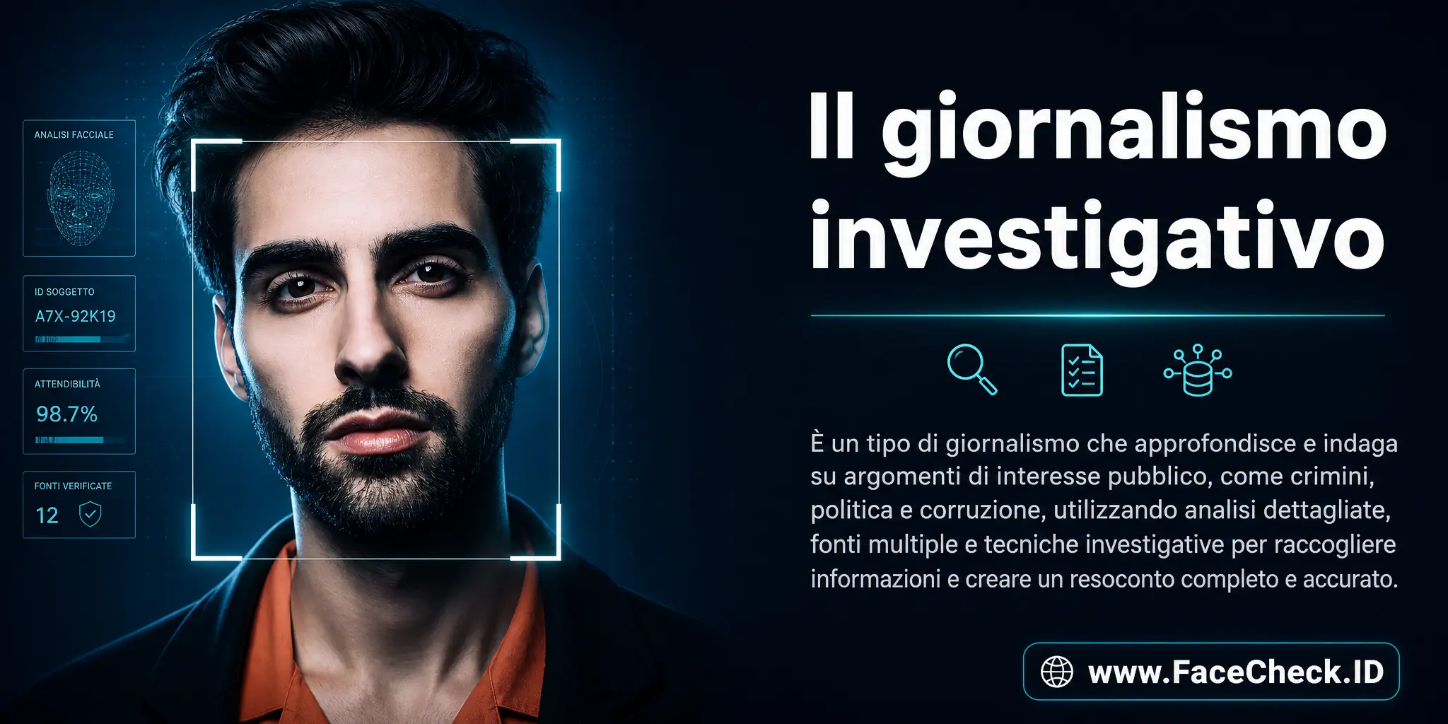 Il giornalismo investigativo è un tipo di giornalismo che approfondisce e indaga su argomenti di interesse pubblico, come crimini, politica e corruzione, utilizzando analisi dettagliate, fonti multiple e tecniche investigative per raccogliere informazioni e creare un resoconto completo e accurato.