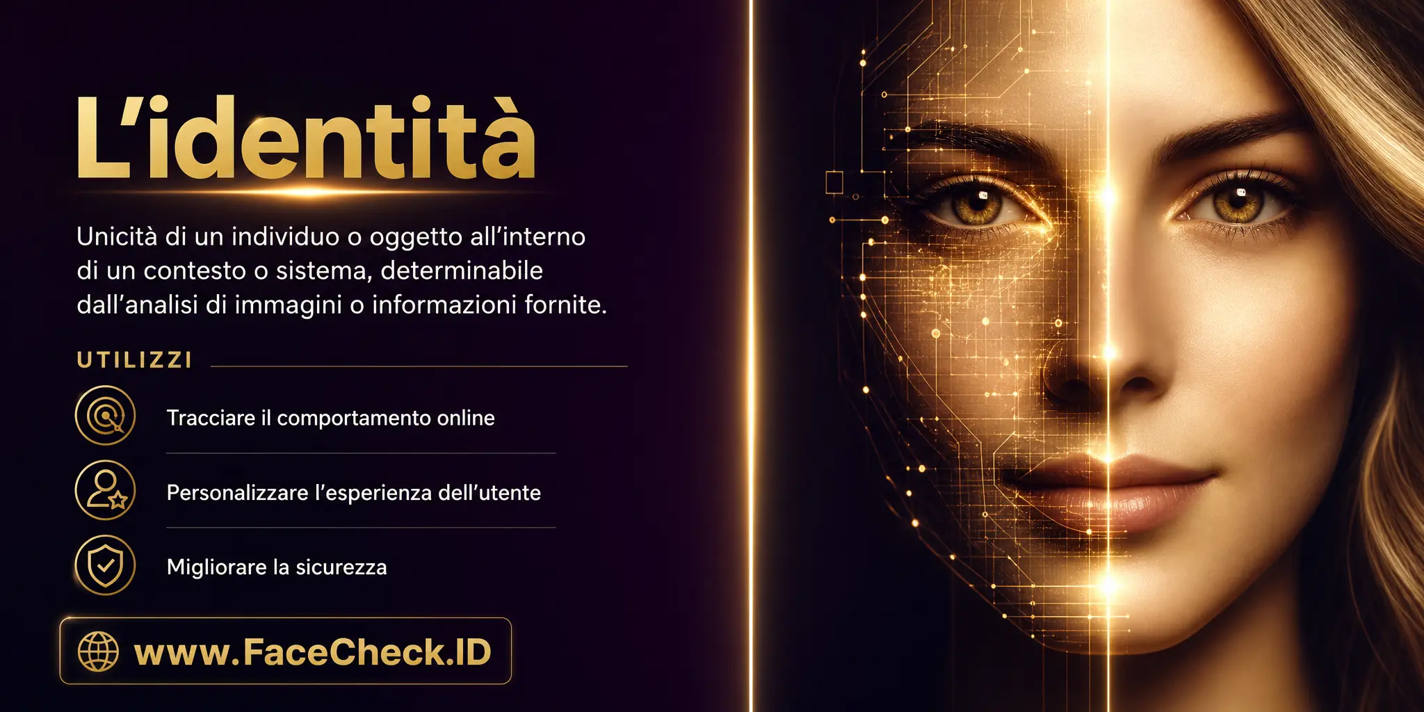 L'identità si riferisce all'unicità di un individuo o oggetto in un contesto o sistema, determinabile attraverso l'analisi di immagini o informazioni fornite, e può essere utilizzata per tracciare il comportamento online, personalizzare l'esperienza dell'utente o per scopi di sicurezza.