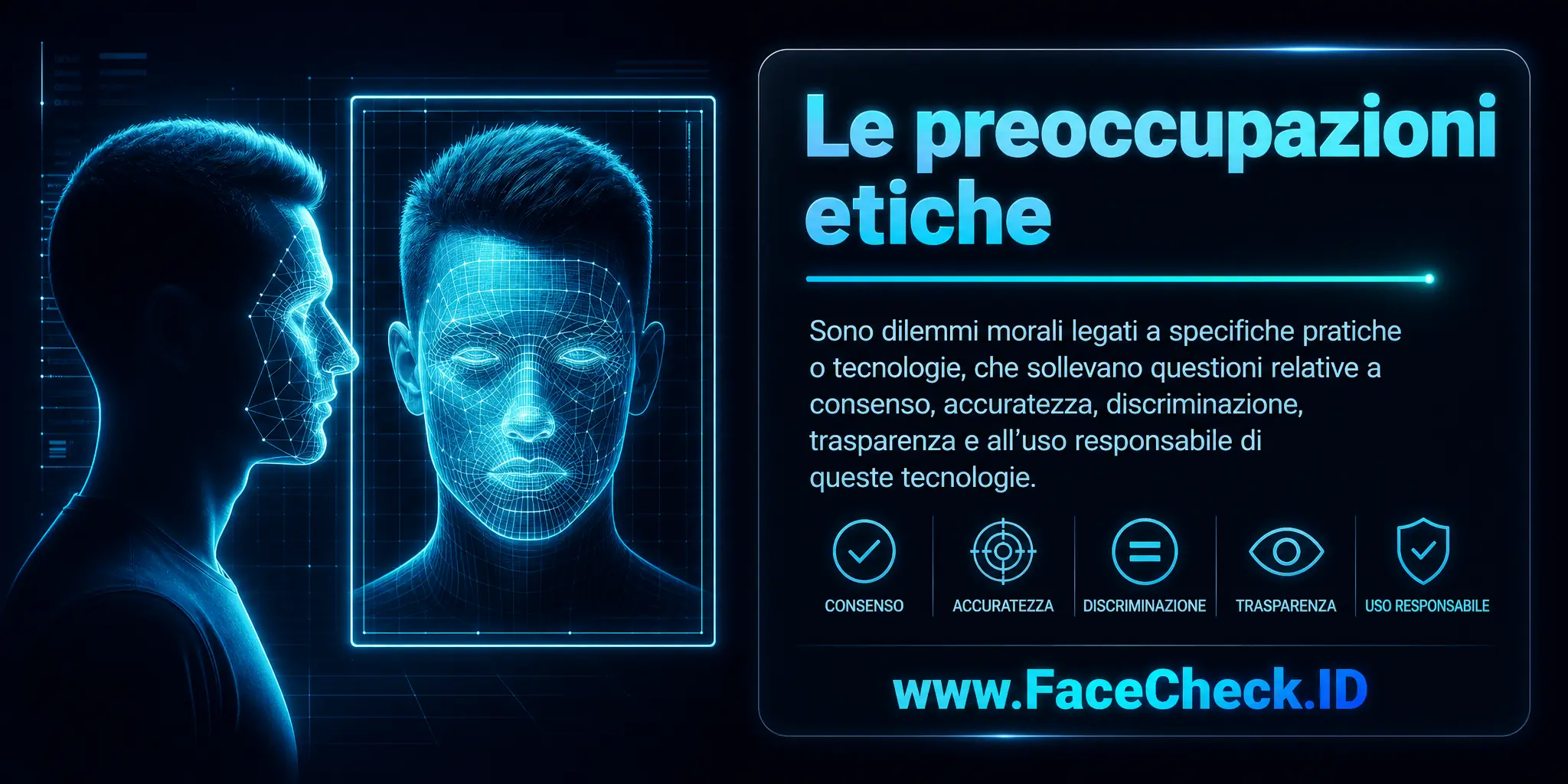 Le preoccupazioni etiche sono dilemmi morali legati a specifiche pratiche o tecnologie, che sollevano questioni relative a consenso, accuratezza, discriminazione, trasparenza e l'uso responsabile di queste tecnologie.