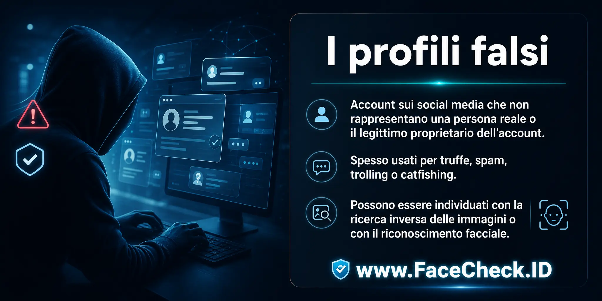 I profili falsi sono account su social media che non rappresentano una persona reale o l'utente effettivo dell'account, spesso usati per truffe, spam, trolling o catfishing, e possono essere identificati attraverso ricerca inversa di immagini o riconoscimento facciale.