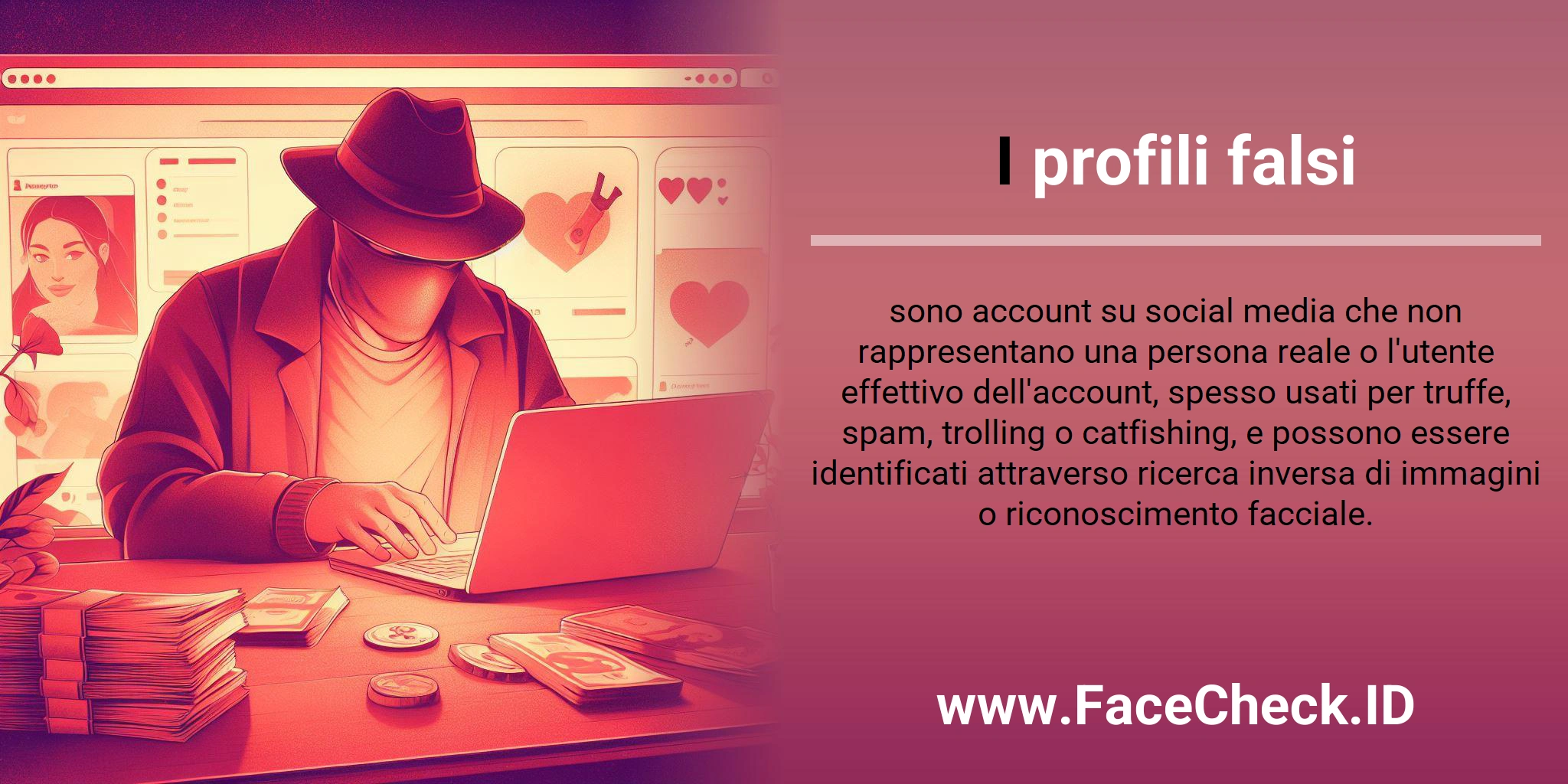 I profili falsi sono account su social media che non rappresentano una persona reale o l'utente effettivo dell'account, spesso usati per truffe, spam, trolling o catfishing, e possono essere identificati attraverso ricerca inversa di immagini o riconoscimento facciale.