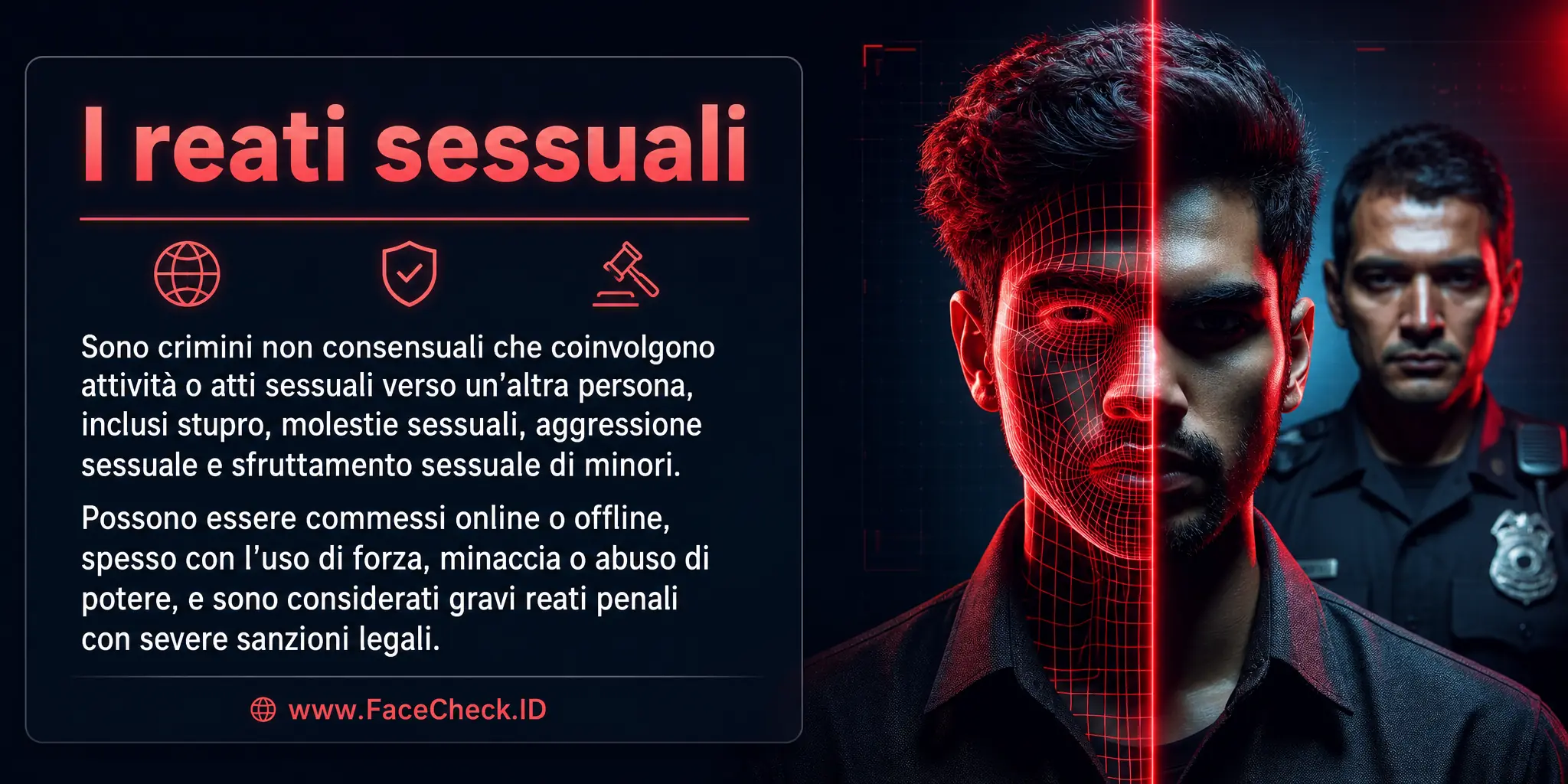 I reati sessuali sono crimini non consensuali che coinvolgono attività o atti sessuali verso un'altra persona, includendo stupro, molestie sessuali, aggressione sessuale e sfruttamento sessuale di minori, commessi sia online che offline, spesso con l'uso di forza, minaccia o potere, e considerati gravi reati penali con severe sanzioni legali.