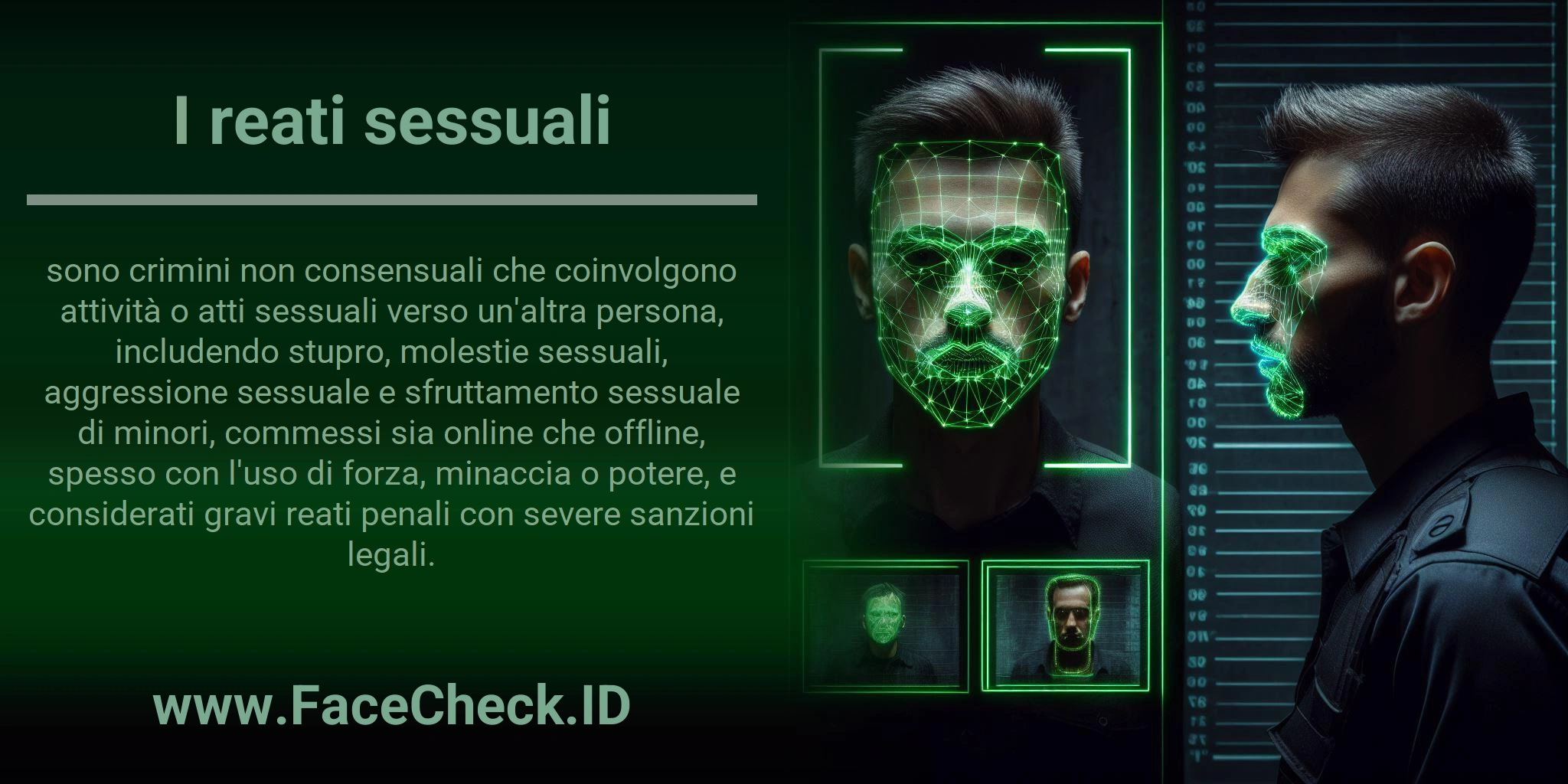 I reati sessuali sono crimini non consensuali che coinvolgono attività o atti sessuali verso un'altra persona, includendo stupro, molestie sessuali, aggressione sessuale e sfruttamento sessuale di minori, commessi sia online che offline, spesso con l'uso di forza, minaccia o potere, e considerati gravi reati penali con severe sanzioni legali.