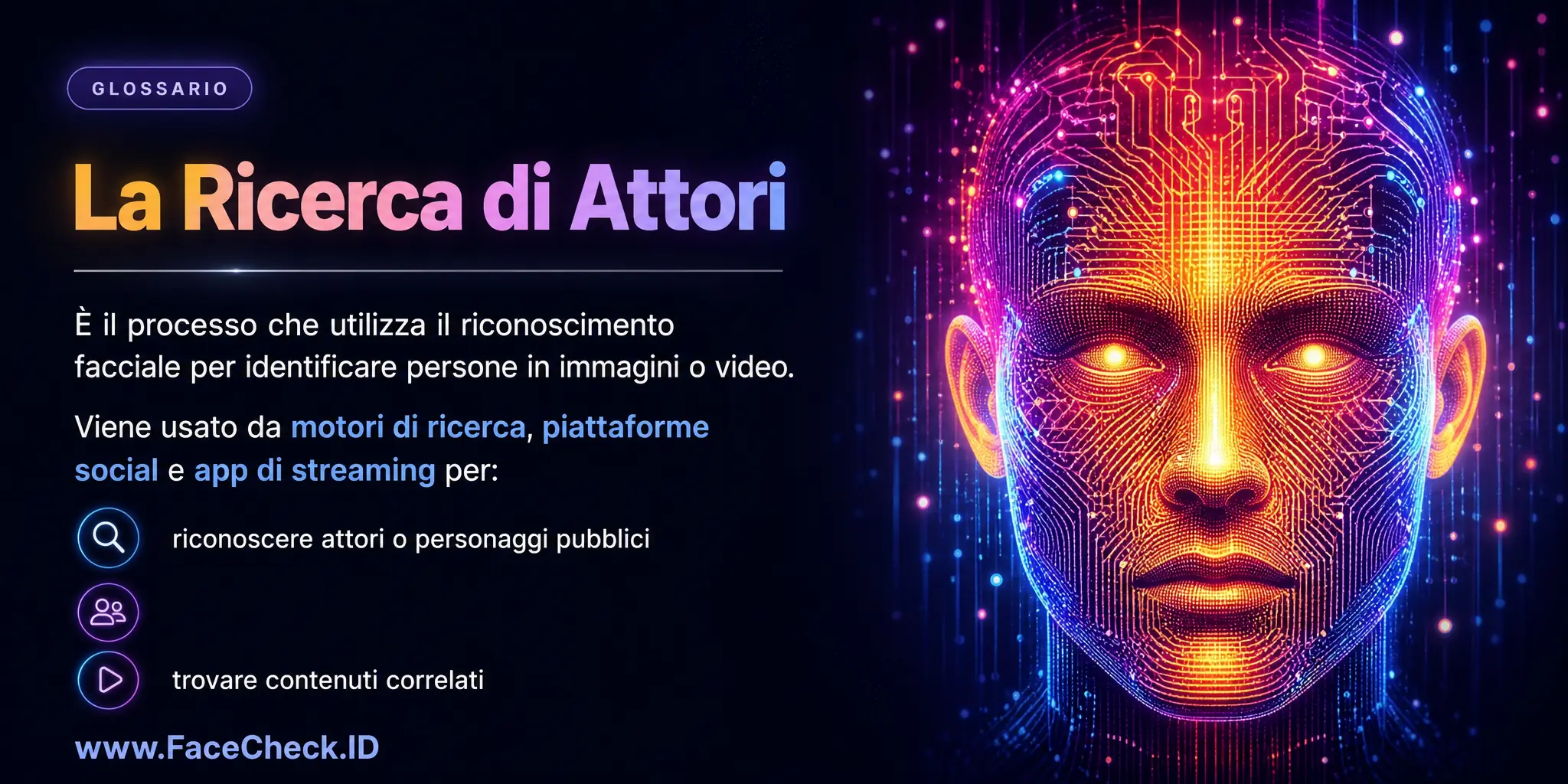 La Ricerca Di Attori è un processo che utilizza il riconoscimento facciale per identificare persone in immagini o video, spesso usato da motori di ricerca, piattaforme social e app di streaming per riconoscere attori o personaggi pubblici e trovare contenuti correlati.