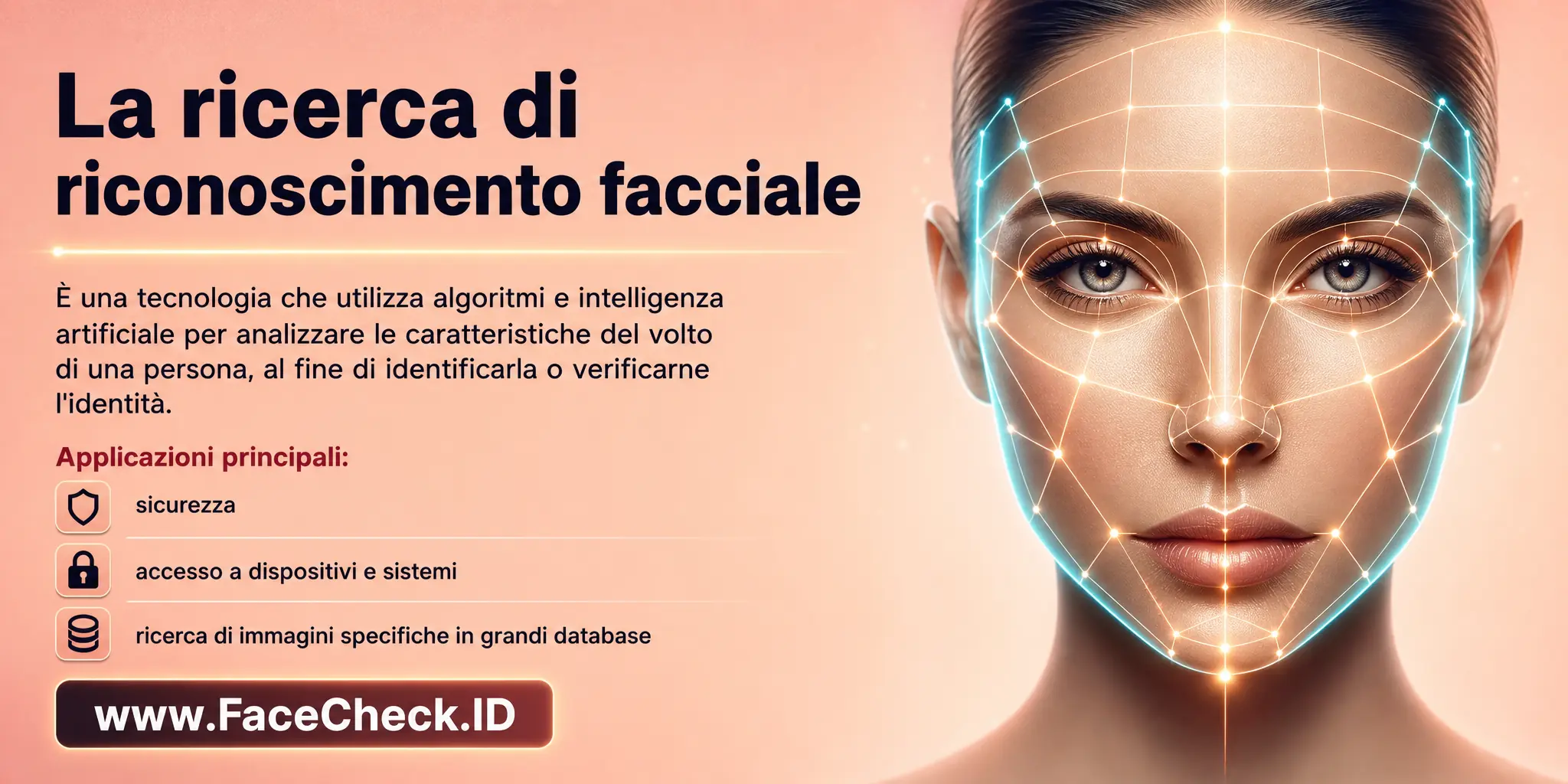 La ricerca di riconoscimento facciale è una tecnologia che usa algoritmi e intelligenza artificiale per analizzare le caratteristiche del volto di una persona al fine di identificarla o verificarne l'identità, usata spesso in ambito di sicurezza, accesso a dispositivi e sistemi, e per trovare immagini specifiche in grandi database.