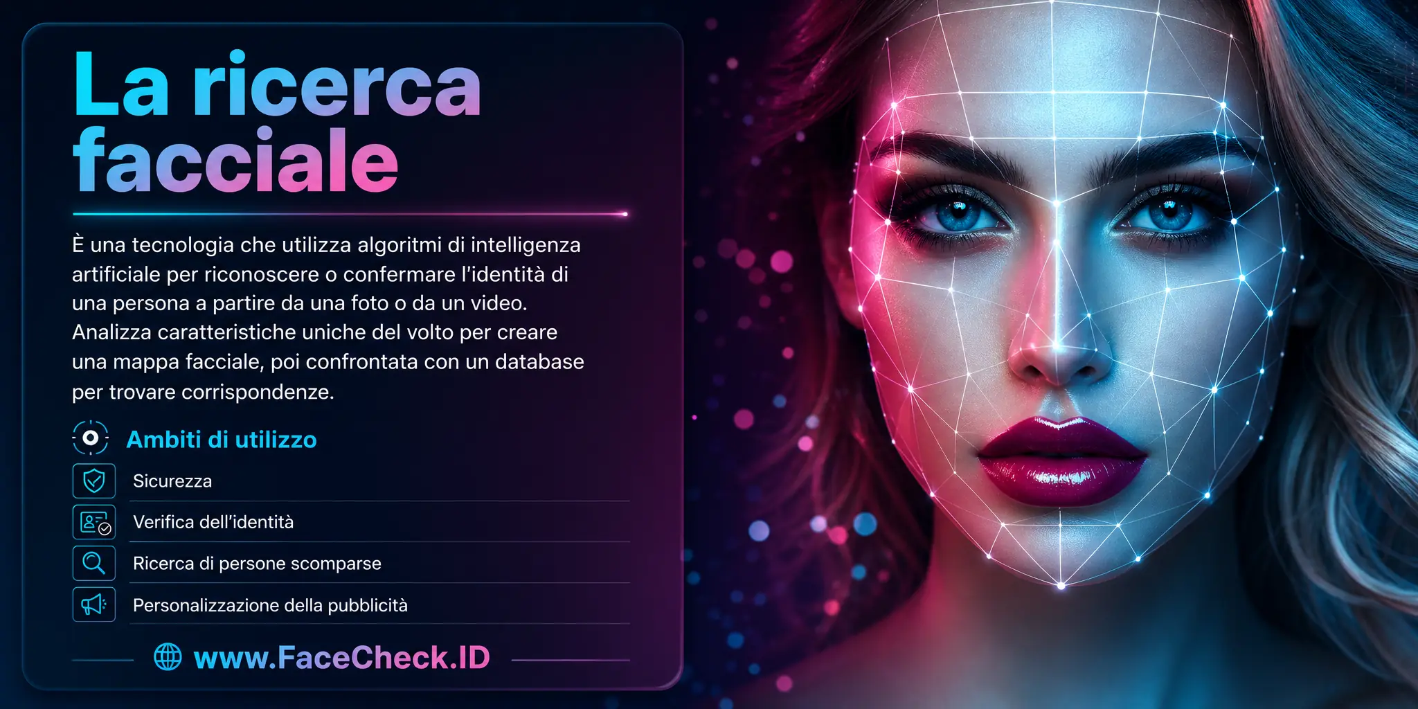 La ricerca facciale è una tecnologia che impiega algoritmi di intelligenza artificiale per riconoscere o confermare l'identità di una persona da una foto o un video, analizzando caratteristiche uniche del volto per creare una mappa facciale, utilizzata poi per trovare corrispondenze in un database, con applicazioni in ambiti come sicurezza, verifica dell'identità, ricerca di persone scomparse e personalizzazione della pubblicità.