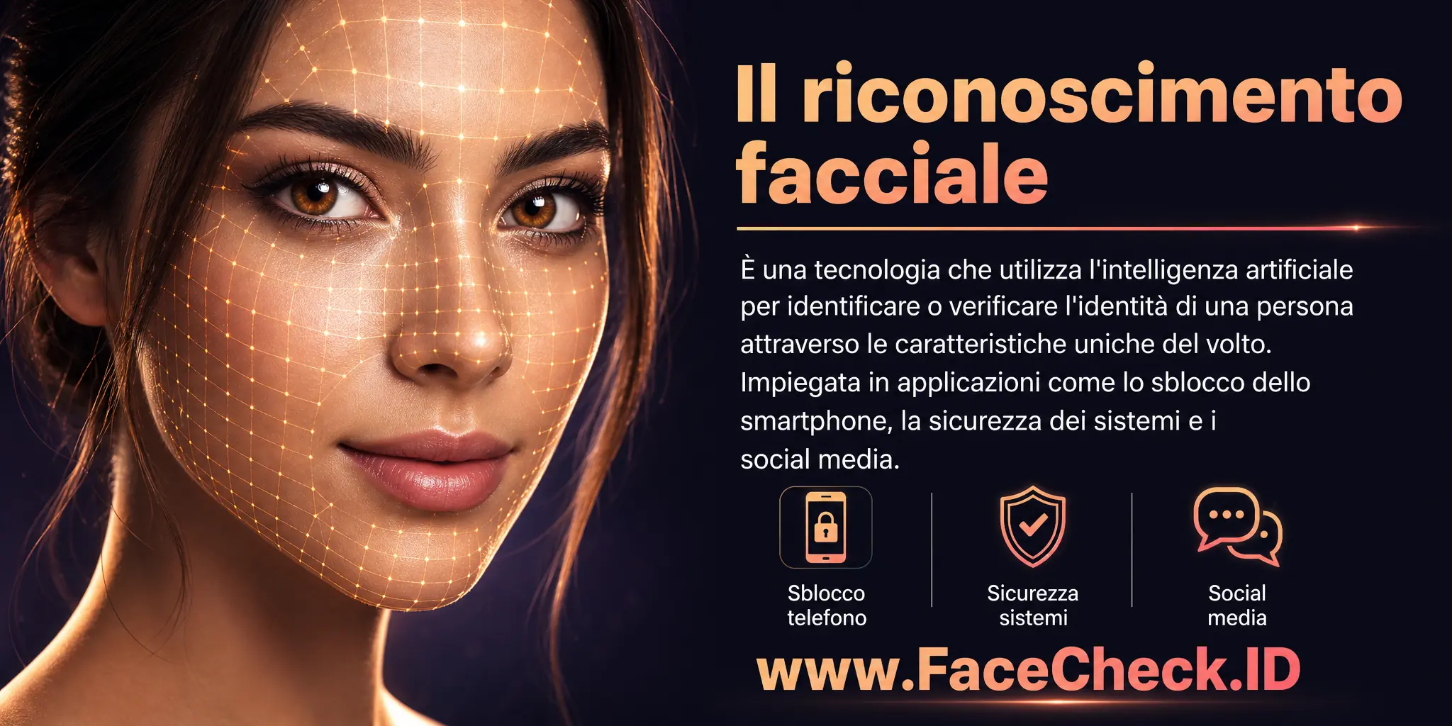 Il riconoscimento facciale è una tecnologia che usa l'intelligenza artificiale per identificare o verificare l'identità di un individuo attraverso le caratteristiche uniche del suo volto, utilizzato in applicazioni come il blocco del telefono, la sicurezza del sistema e i social media.