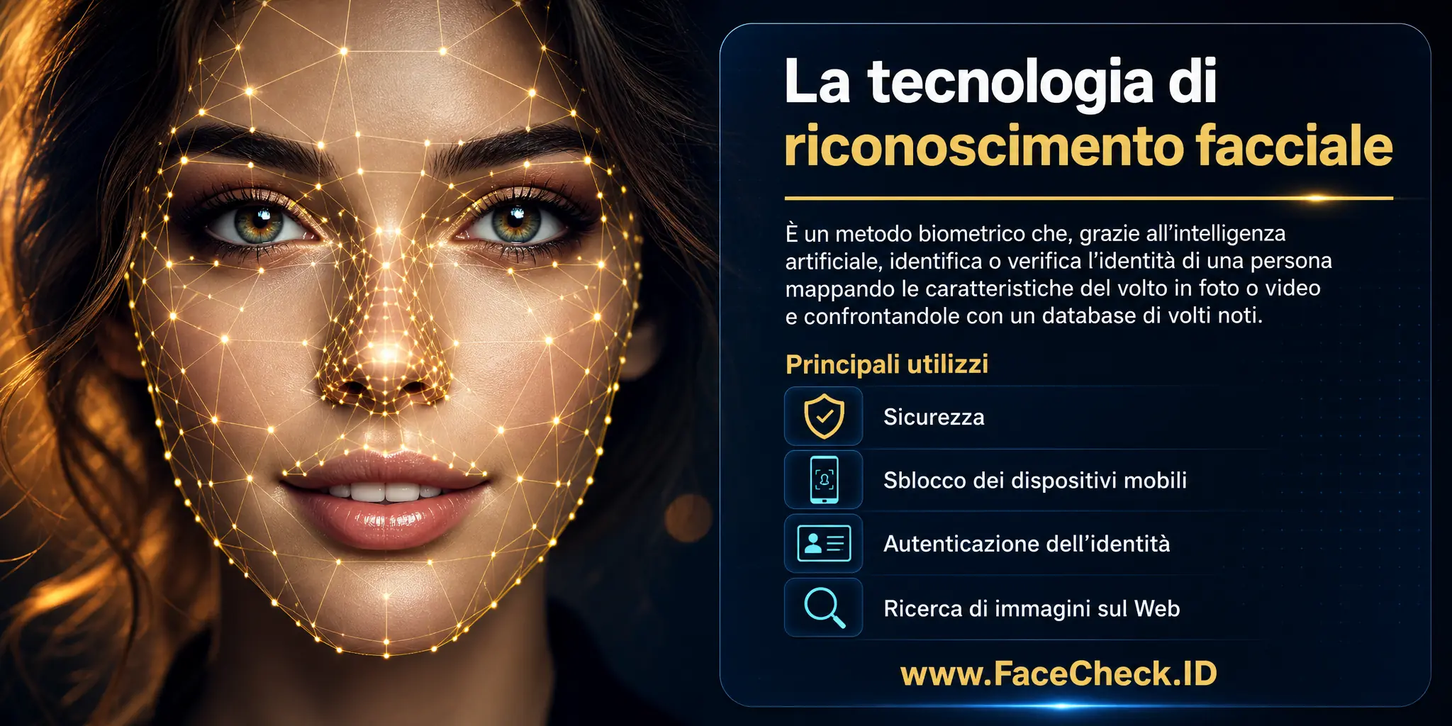 La tecnologia di riconoscimento facciale è un metodo biometrico che, attraverso l'intelligenza artificiale, identifica o verifica l'identità di un individuo mappando le caratteristiche del suo viso da un'immagine o video e confrontandole con un database di volti noti, utilizzato in vari campi come la sicurezza, lo sblocco di dispositivi mobili, l'autenticazione dell'identità e la ricerca di immagini su Internet.