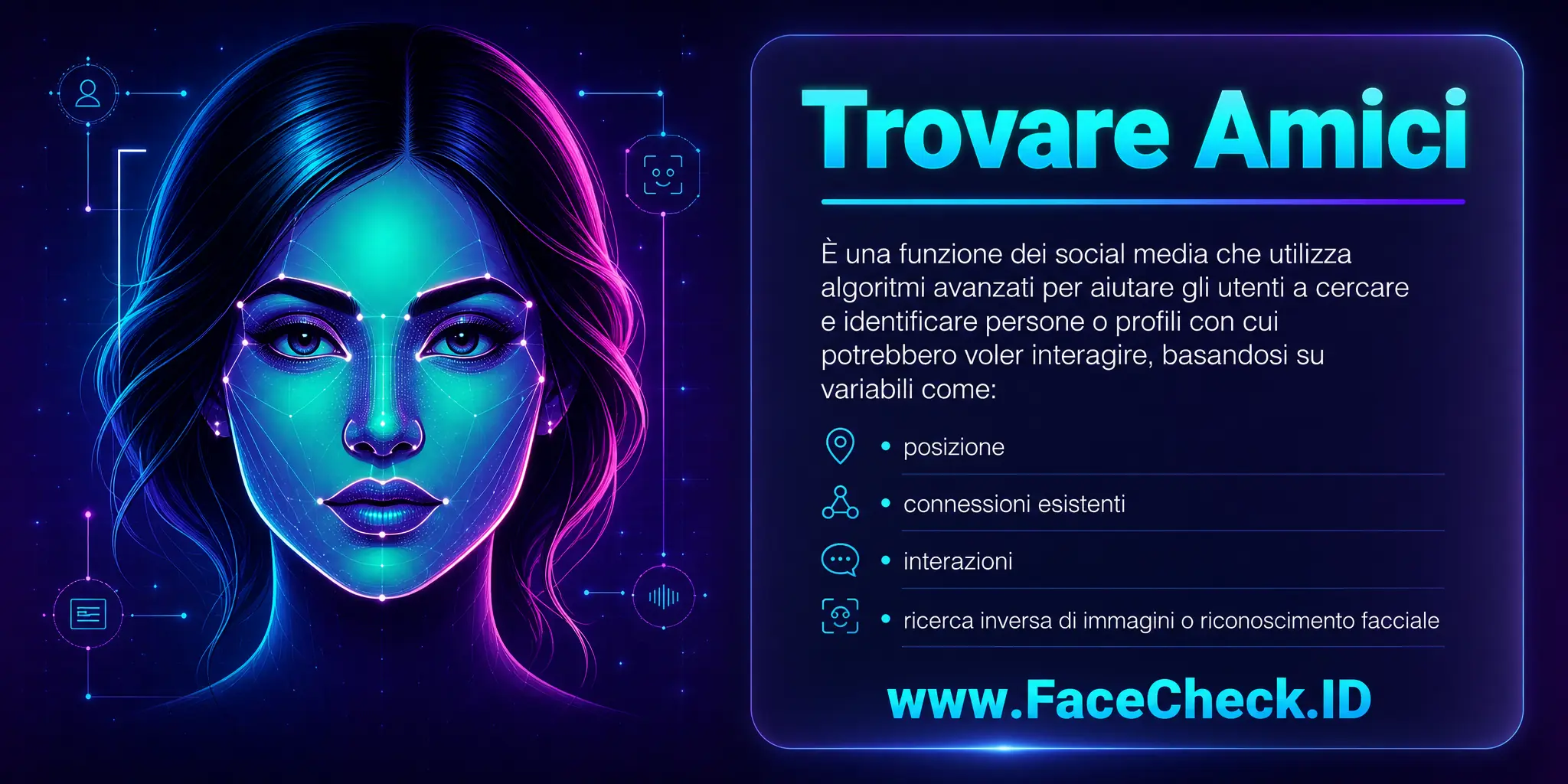 Trovare Amici è una funzione dei social media che usa algoritmi avanzati per aiutare gli utenti a cercare e identificare persone o profili con cui potrebbero voler interagire, basandosi su variabili come posizione, connessioni esistenti, interazioni e l'utilizzo di ricerca di immagini inversa o riconoscimento facciale.