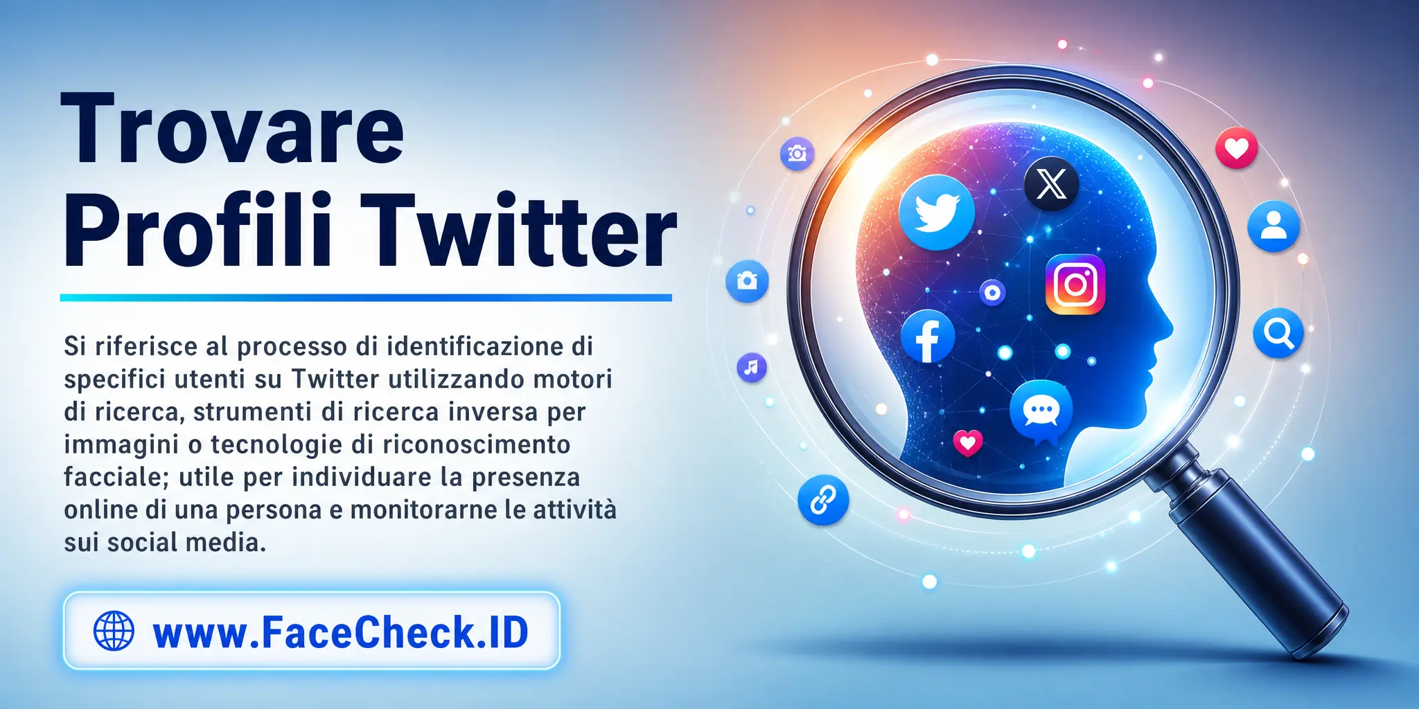 Trovare Profili Twitter si riferisce al processo di identificazione di specifici utenti su Twitter utilizzando motori di ricerca, strumenti di ricerca inversa di immagini o tecnologie di riconoscimento facciale, utile per individuare la presenza online di una persona e monitorare le sue attività sui social media.