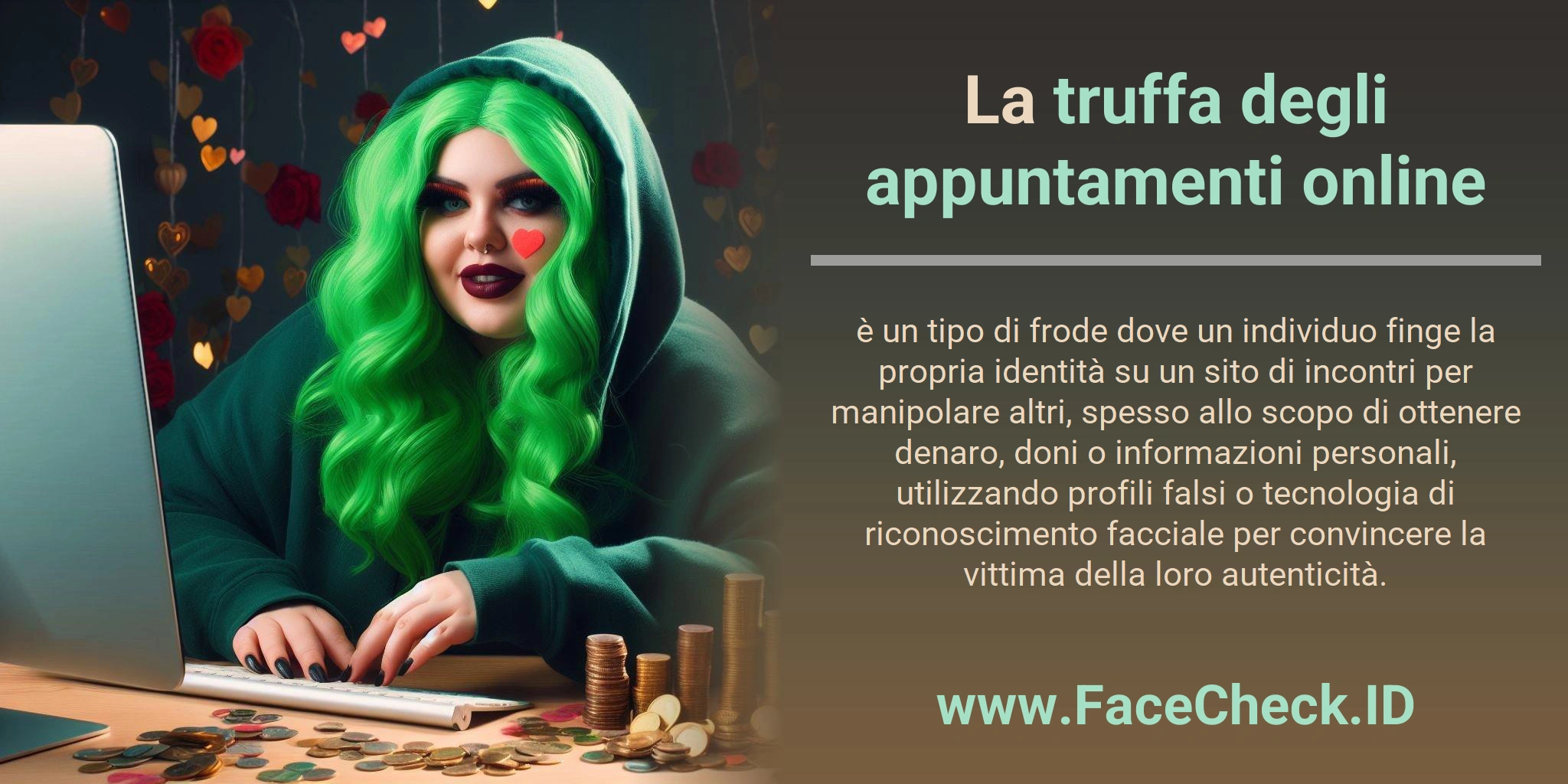 La truffa degli appuntamenti online è un tipo di frode dove un individuo finge la propria identità su un sito di incontri per manipolare altri, spesso allo scopo di ottenere denaro, doni o informazioni personali, utilizzando profili falsi o tecnologia di riconoscimento facciale per convincere la vittima della loro autenticità.