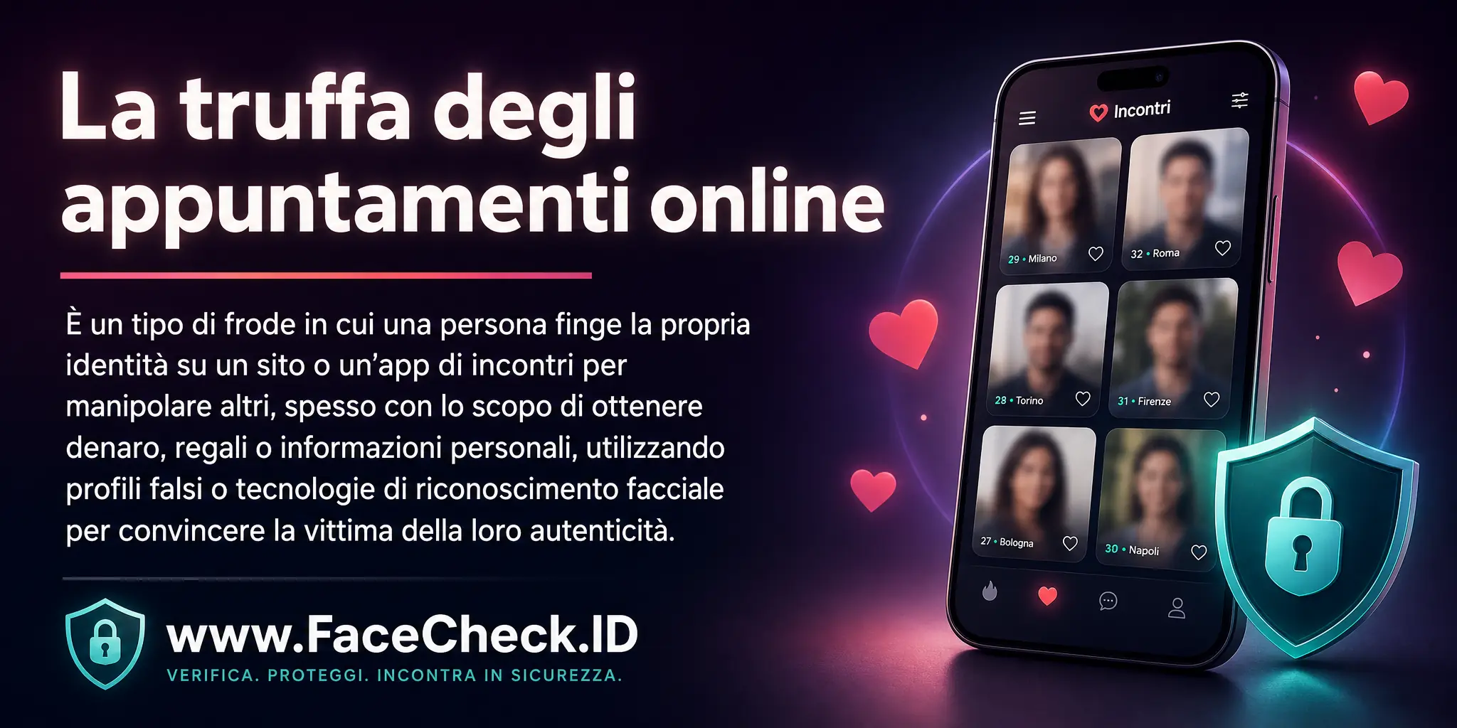 La truffa degli appuntamenti online è un tipo di frode dove un individuo finge la propria identità su un sito di incontri per manipolare altri, spesso allo scopo di ottenere denaro, doni o informazioni personali, utilizzando profili falsi o tecnologia di riconoscimento facciale per convincere la vittima della loro autenticità.
