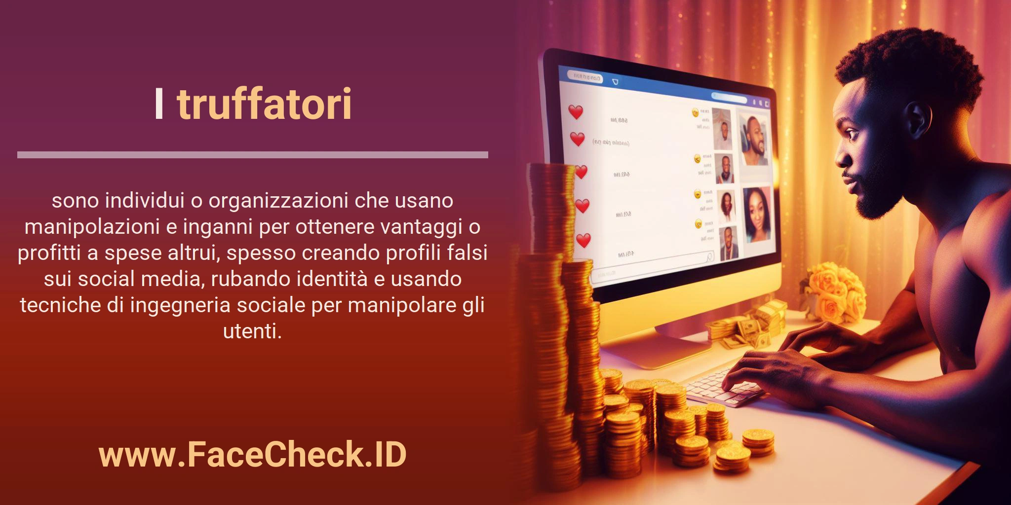 I truffatori sono individui o organizzazioni che usano manipolazioni e inganni per ottenere vantaggi o profitti a spese altrui, spesso creando profili falsi sui social media, rubando identità e usando tecniche di ingegneria sociale per manipolare gli utenti.