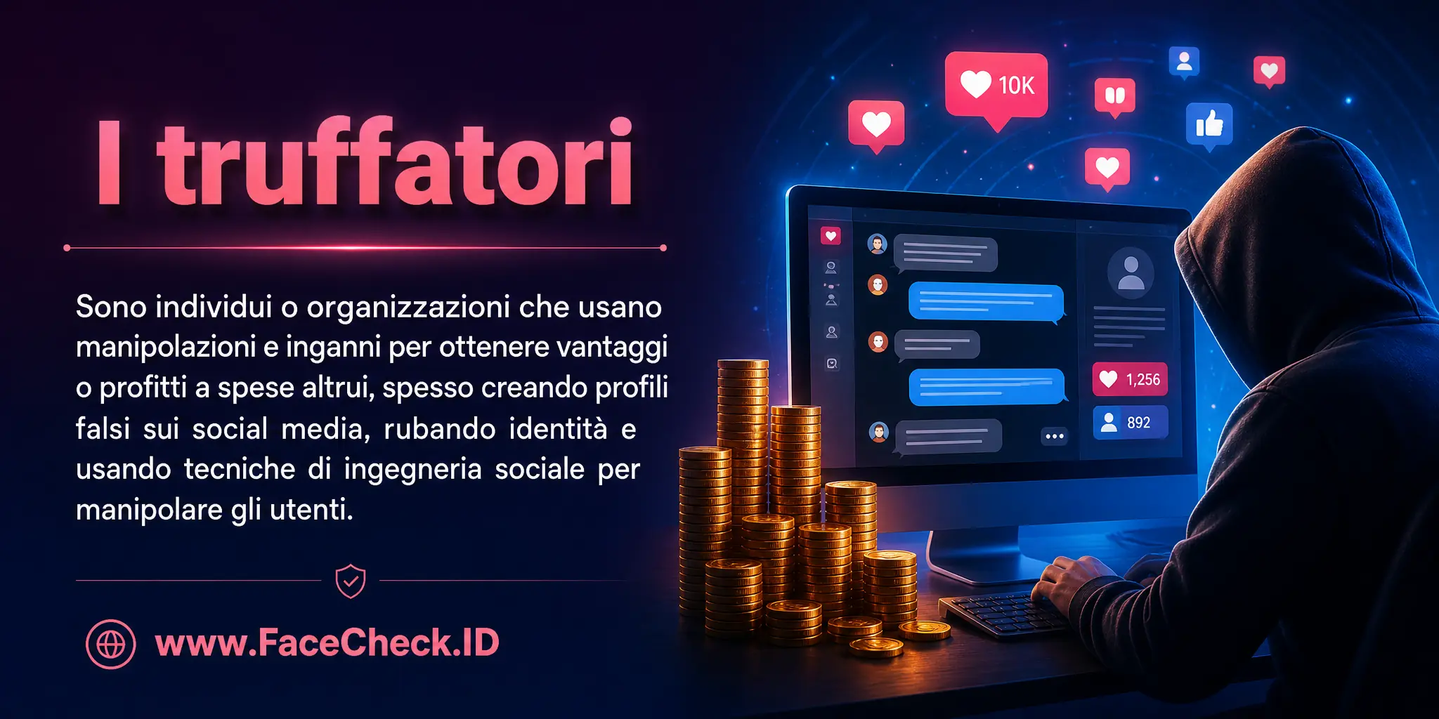 I truffatori sono individui o organizzazioni che usano manipolazioni e inganni per ottenere vantaggi o profitti a spese altrui, spesso creando profili falsi sui social media, rubando identità e usando tecniche di ingegneria sociale per manipolare gli utenti.