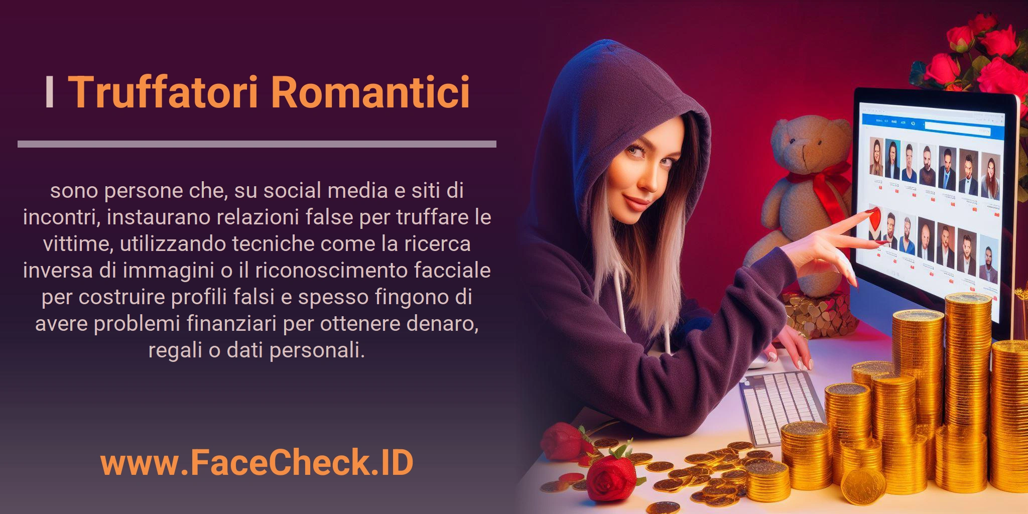 I Truffatori Romantici sono persone che, su social media e siti di incontri, instaurano relazioni false per truffare le vittime, utilizzando tecniche come la ricerca inversa di immagini o il riconoscimento facciale per costruire profili falsi e spesso fingono di avere problemi finanziari per ottenere denaro, regali o dati personali.