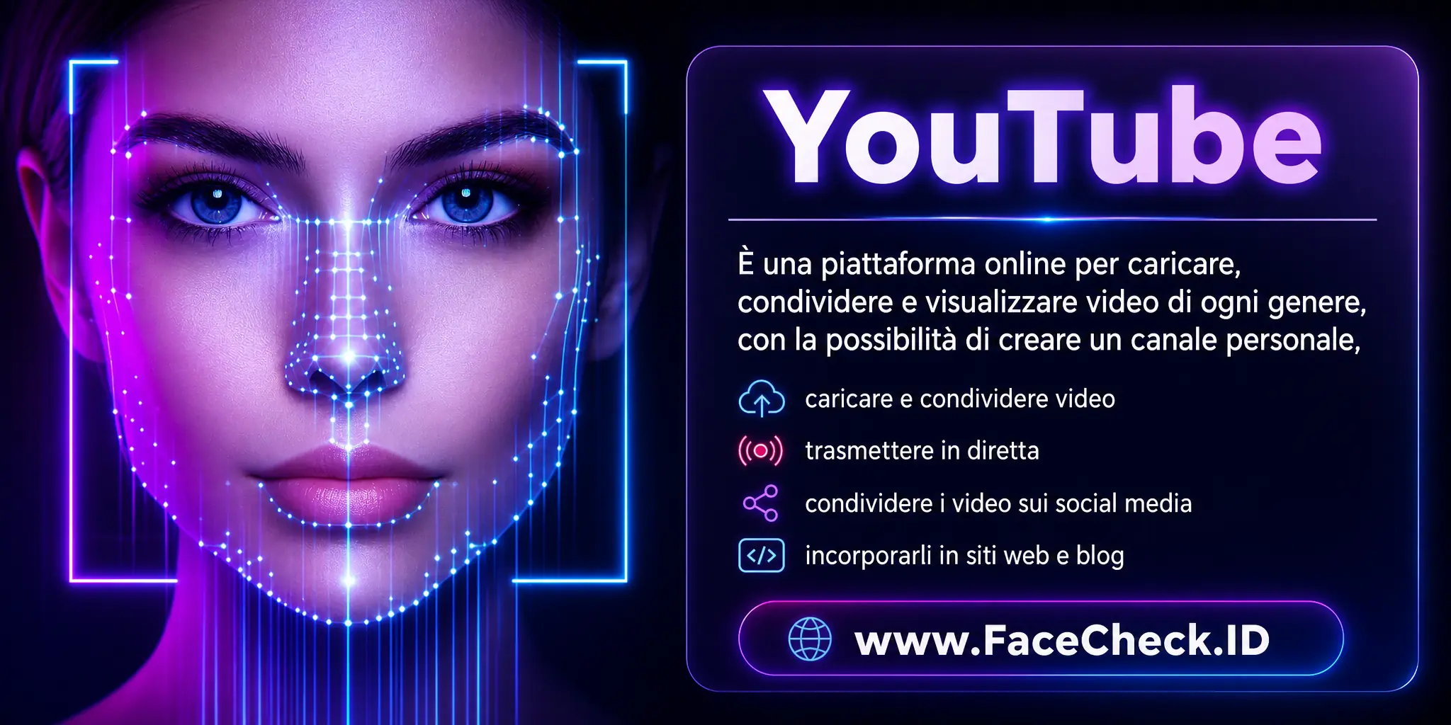 YouTube è una piattaforma online per caricare, condividere e visualizzare video di vario genere, con la possibilità di creare un canale personale, trasmettere in diretta, condividere video sui social media o incorporarli in siti web o blog.