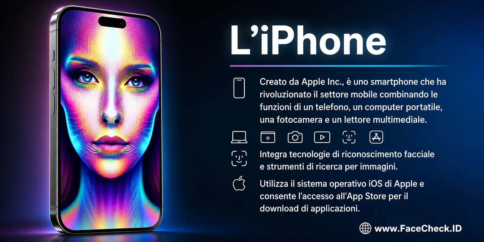 L'iPhone creato da Apple Inc., è uno smartphone che ha rivoluzionato il settore dei cellulari combinando le funzionalità di un telefono, un computer portatile, una fotocamera e un lettore multimediale, con tecnologie di riconoscimento facciale e di ricerca inversa di immagini, utilizzando il sistema operativo iOS di Apple e permettendo l'accesso all'App Store per il download di applicazioni.