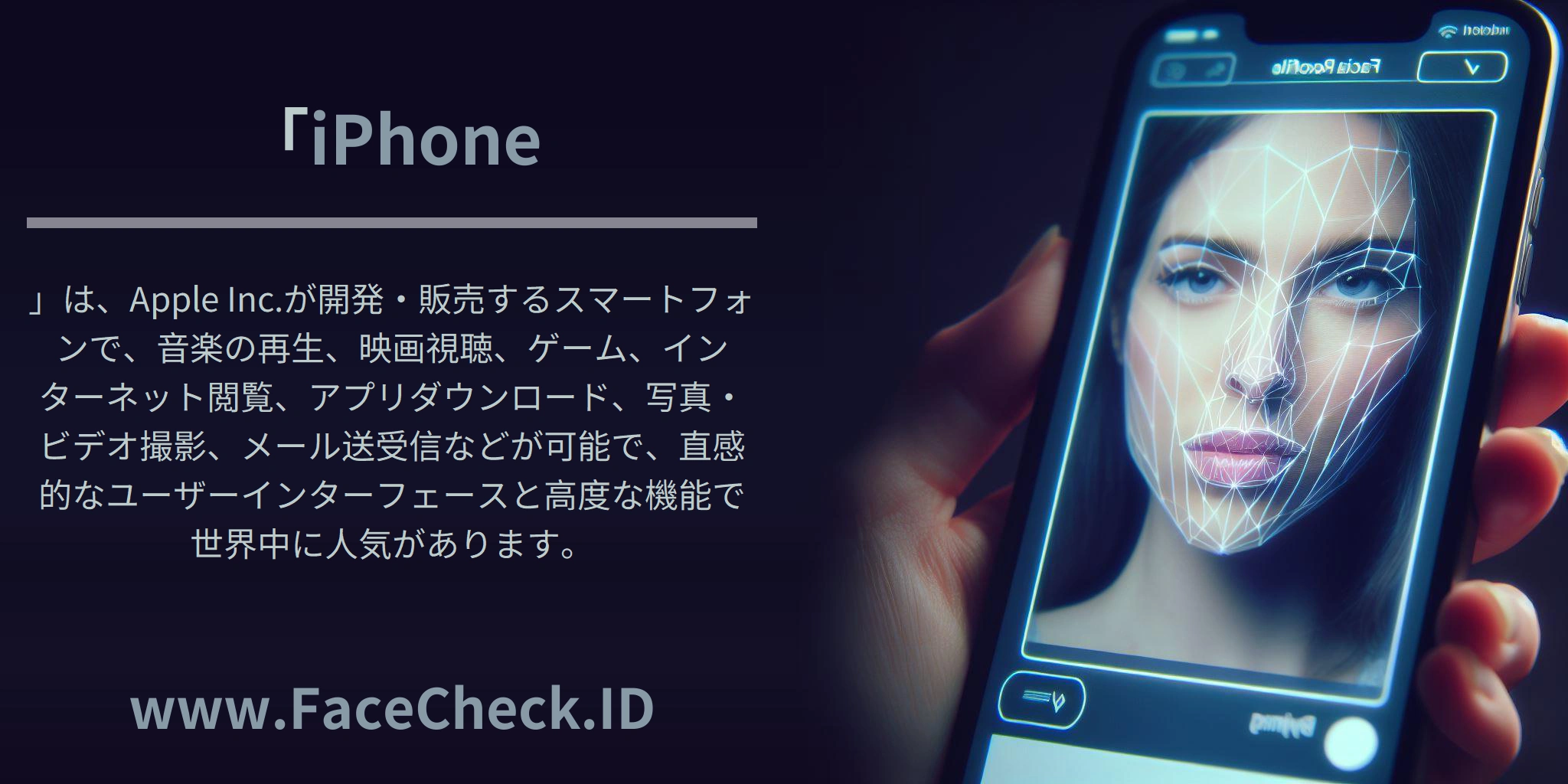 「iPhone」は、Apple Inc.が開発・販売するスマートフォンで、音楽の再生、映画視聴、ゲーム、インターネット閲覧、アプリダウンロード、写真・ビデオ撮影、メール送受信などが可能で、直感的なユーザーインターフェースと高度な機能で世界中に人気があります。