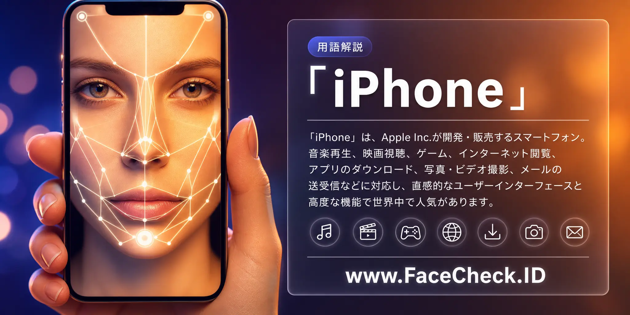 「iPhone」は、Apple Inc.が開発・販売するスマートフォンで、音楽の再生、映画視聴、ゲーム、インターネット閲覧、アプリダウンロード、写真・ビデオ撮影、メール送受信などが可能で、直感的なユーザーインターフェースと高度な機能で世界中に人気があります。