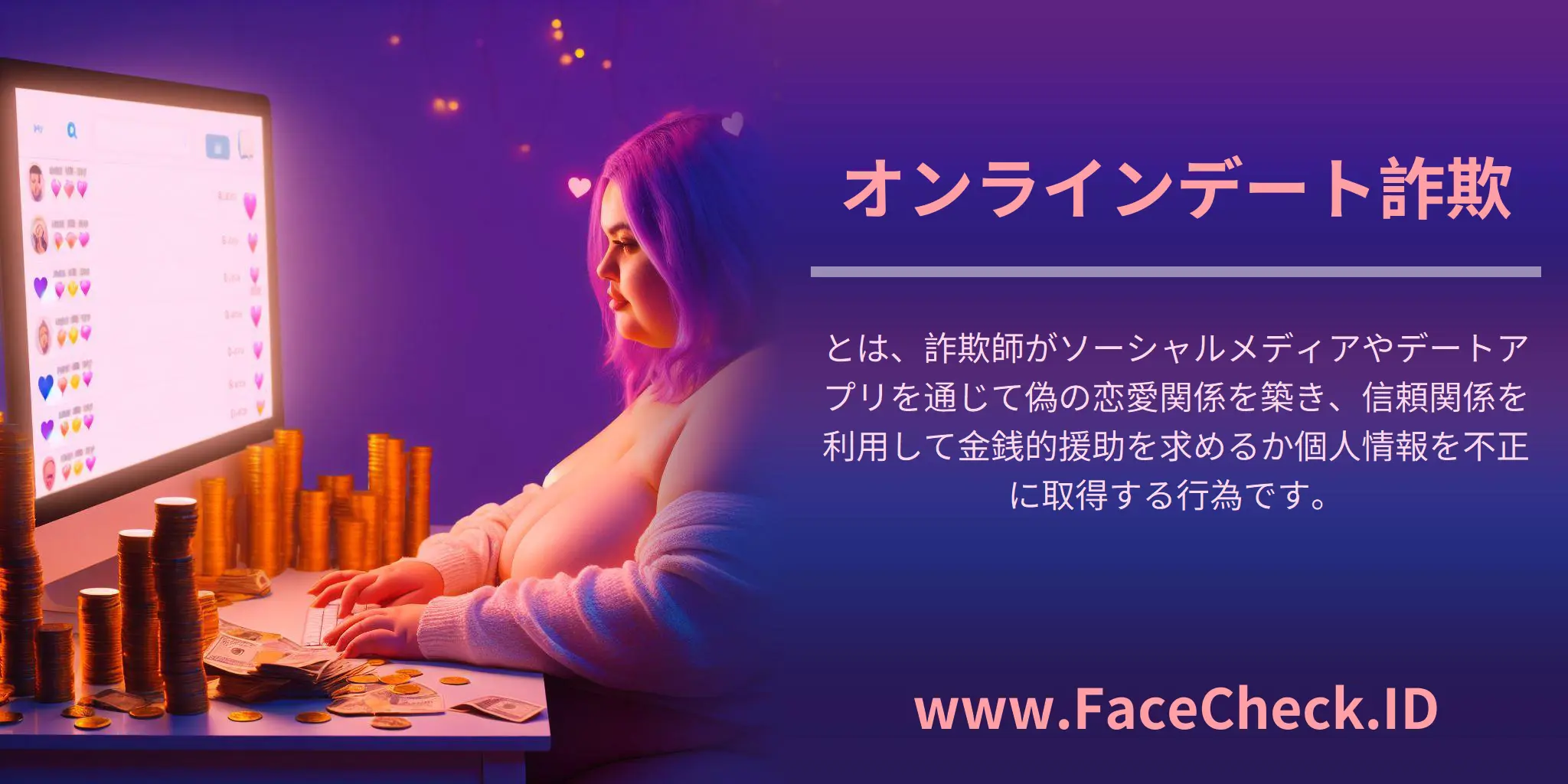 オンラインデート詐欺とは、詐欺師がソーシャルメディアやデートアプリを通じて偽の恋愛関係を築き、信頼関係を利用して金銭的援助を求めるか個人情報を不正に取得する行為です。