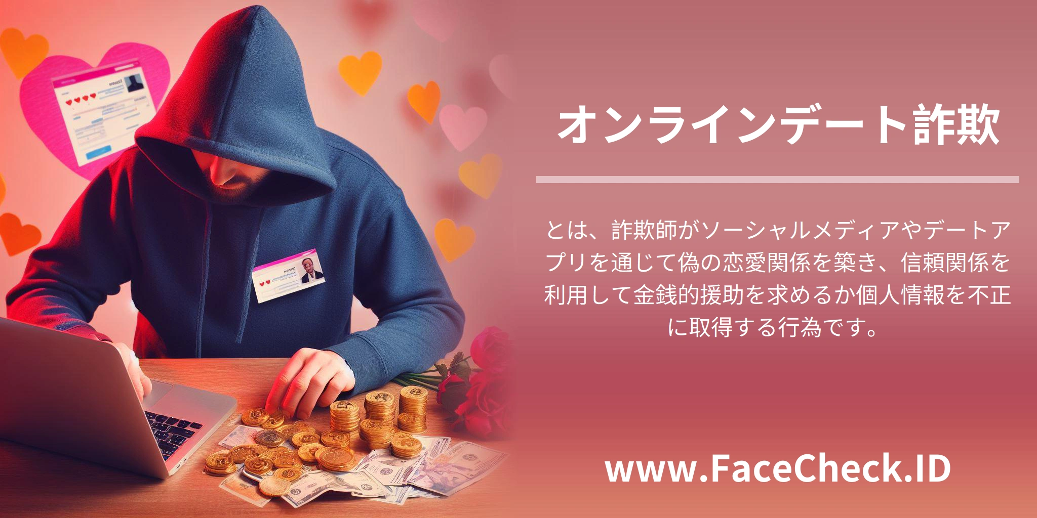 オンラインデート詐欺とは、詐欺師がソーシャルメディアやデートアプリを通じて偽の恋愛関係を築き、信頼関係を利用して金銭的援助を求めるか個人情報を不正に取得する行為です。