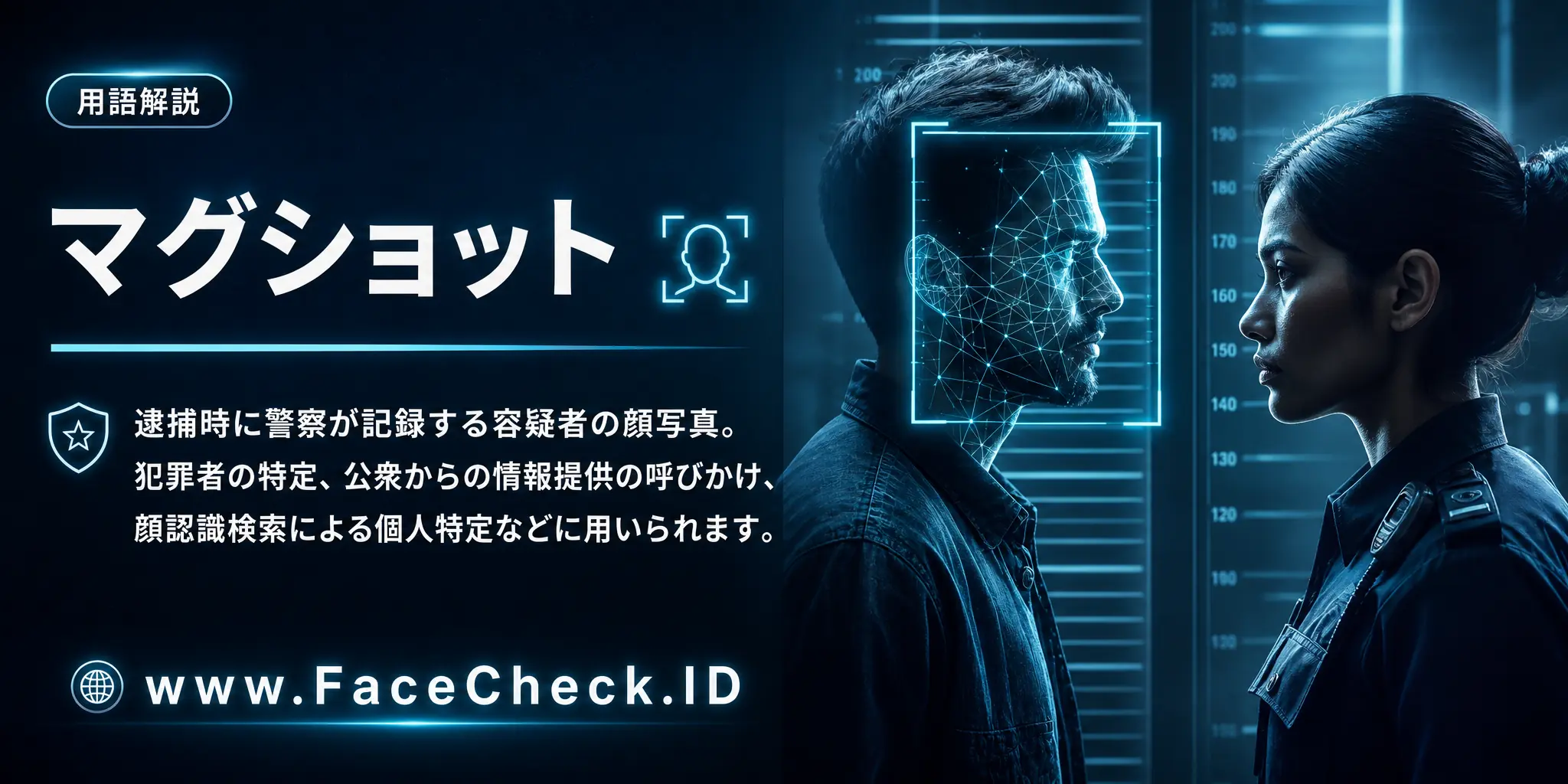 マグショットは、犯罪者の顔写真で、警察が記録し、犯罪者特定や公衆の協力獲得、顔認識検索技術による個人特定などに利用されます。