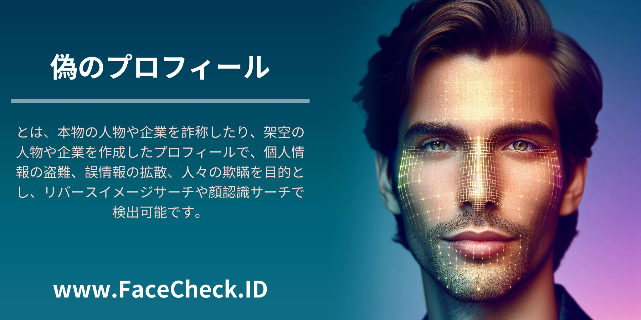 偽のプロフィールとは、本物の人物や企業を詐称したり、架空の人物や企業を作成したプロフィールで、個人情報の盗難、誤情報の拡散、人々の欺瞞を目的とし、リバースイメージサーチや顔認識サーチで検出可能です。