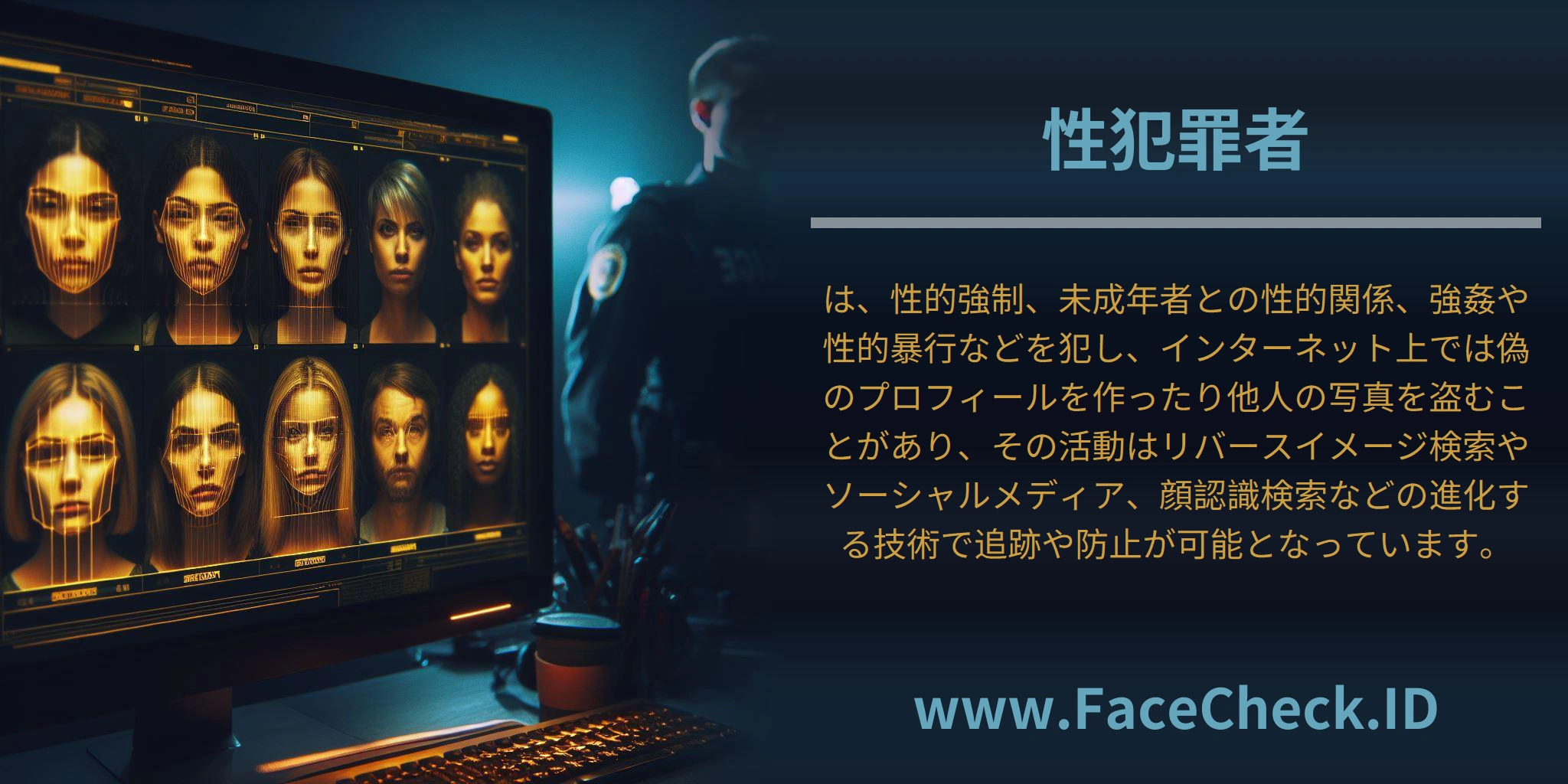 性犯罪者は、性的強制、未成年者との性的関係、強姦や性的暴行などを犯し、インターネット上では偽のプロフィールを作ったり他人の写真を盗むことがあり、その活動はリバースイメージ検索やソーシャルメディア、顔認識検索などの進化する技術で追跡や防止が可能となっています。