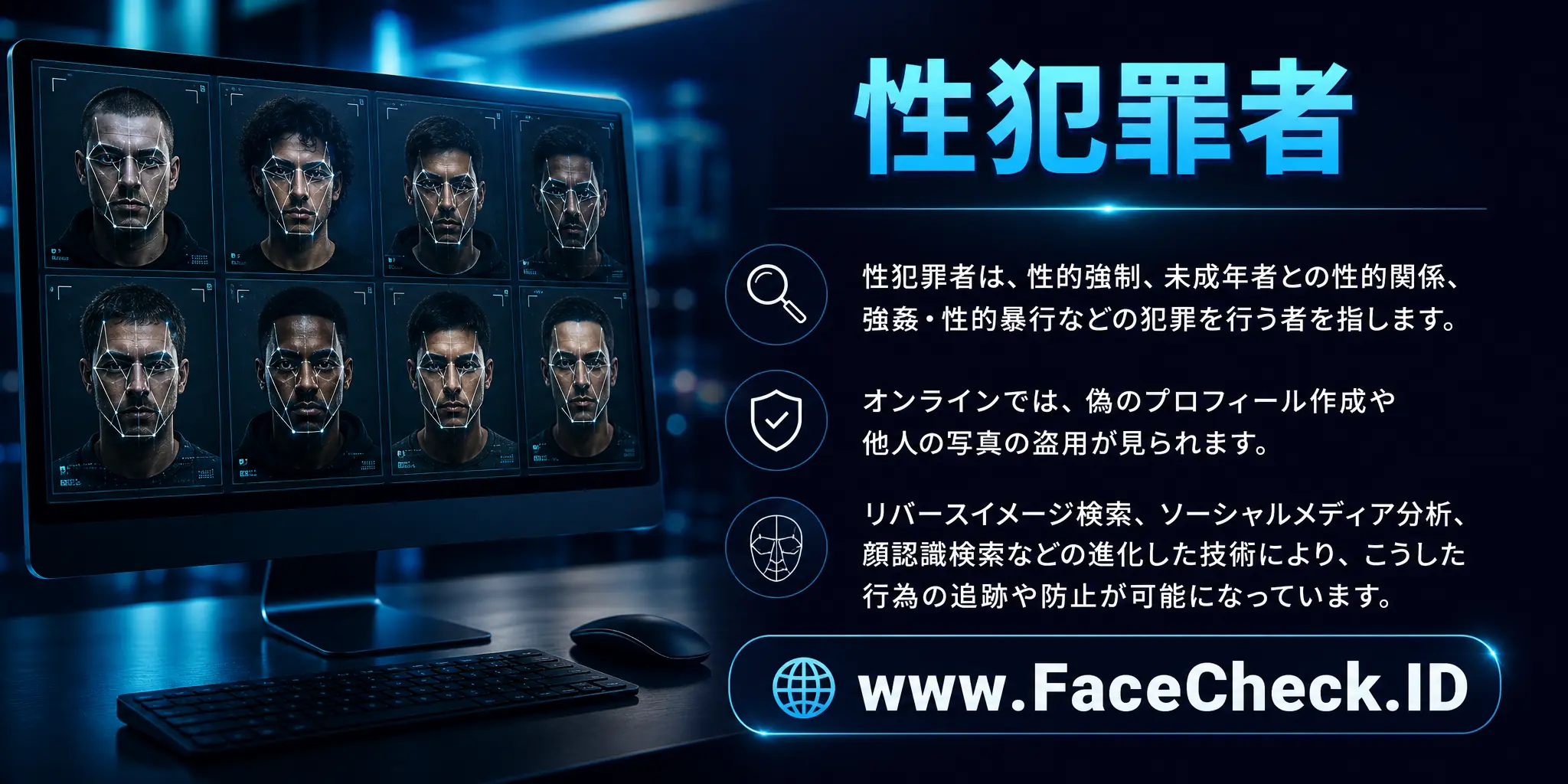 性犯罪者は、性的強制、未成年者との性的関係、強姦や性的暴行などを犯し、インターネット上では偽のプロフィールを作ったり他人の写真を盗むことがあり、その活動はリバースイメージ検索やソーシャルメディア、顔認識検索などの進化する技術で追跡や防止が可能となっています。