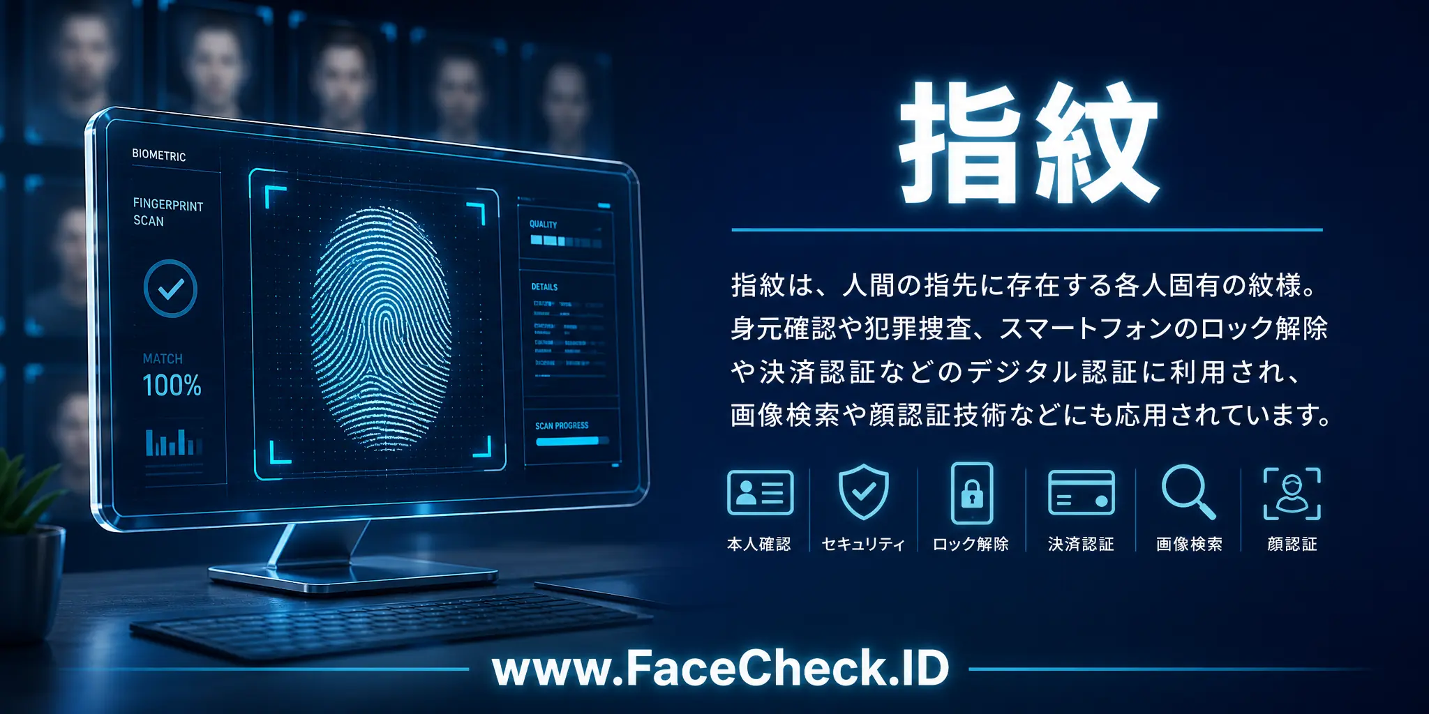 指紋は、人間の指の先端に存在する各人固有の紋様で、身元確認や犯罪捜査、スマートフォンのロック解除や決済認証などのデジタル認証に利用され、画像検索や顔認証技術などにも応用されています。
