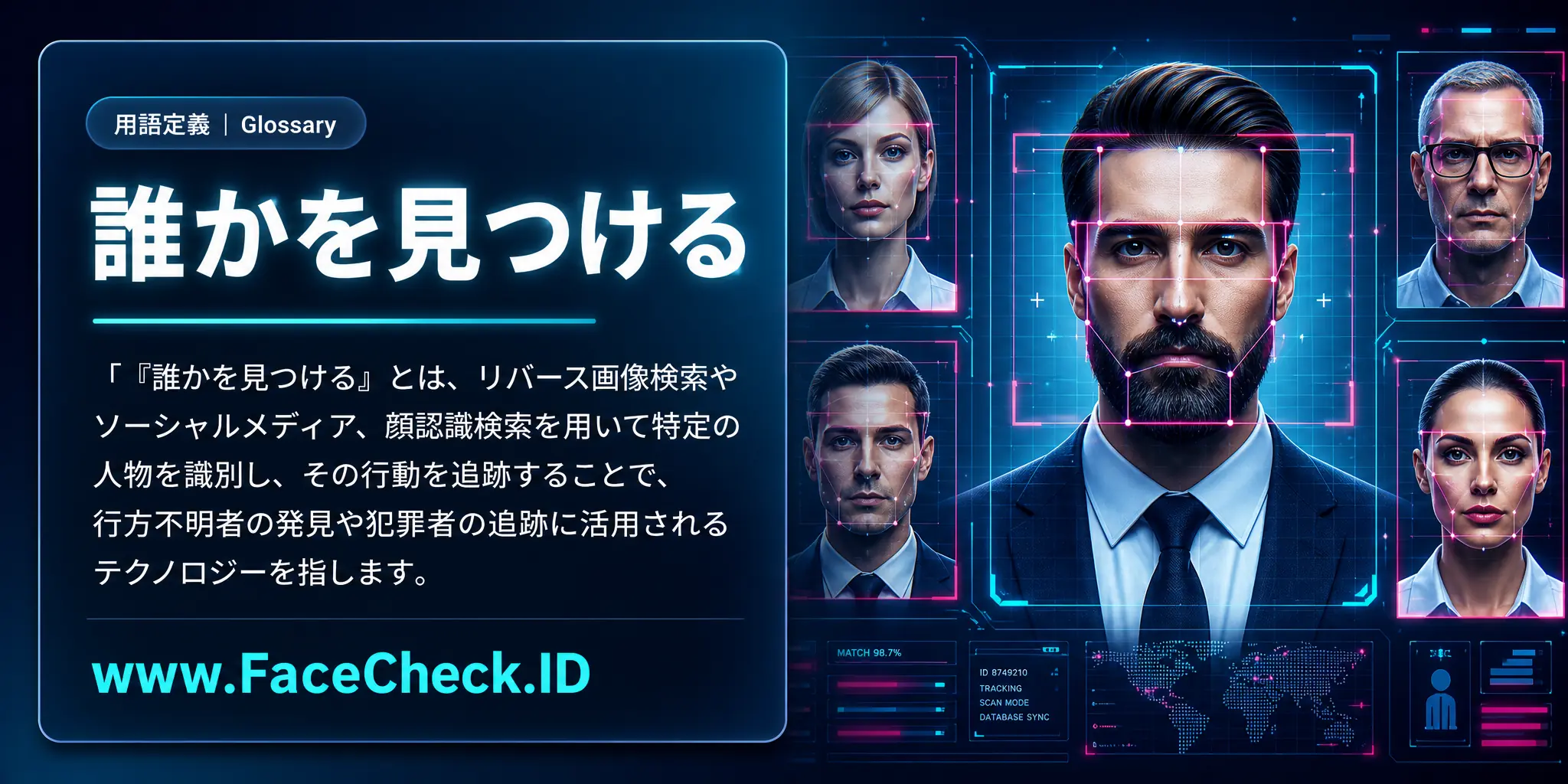 「誰かを見つける」とは、リバース画像検索やソーシャルメディア、顔認識検索を使って特定の人を特定し、その行動を追跡することで、失われた人々を見つけたり犯罪者を追跡したりするために使われるテクノロジーのことを指します。
