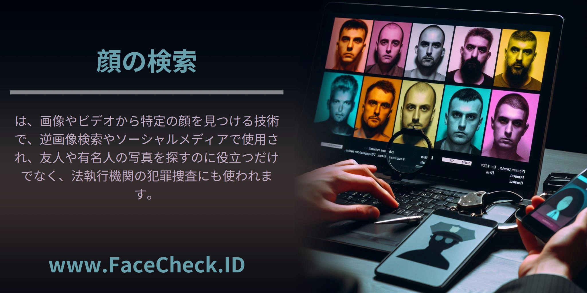 <b>顔の検索</b>は、画像やビデオから特定の顔を見つける技術で、逆画像検索やソーシャルメディアで使用され、友人や有名人の写真を探すのに役立つだけでなく、法執行機関の犯罪捜査にも使われます。