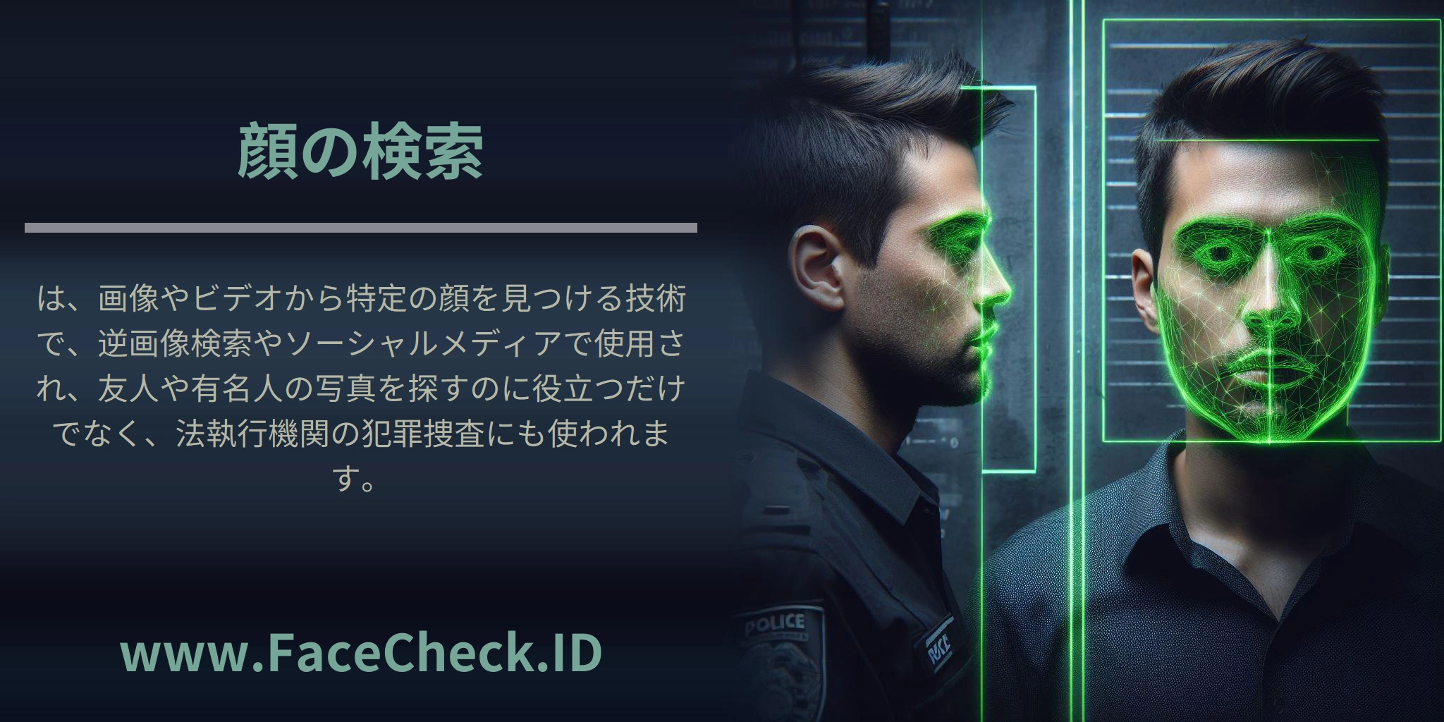 顔の検索は、画像やビデオから特定の顔を見つける技術で、逆画像検索やソーシャルメディアで使用され、友人や有名人の写真を探すのに役立つだけでなく、法執行機関の犯罪捜査にも使われます。