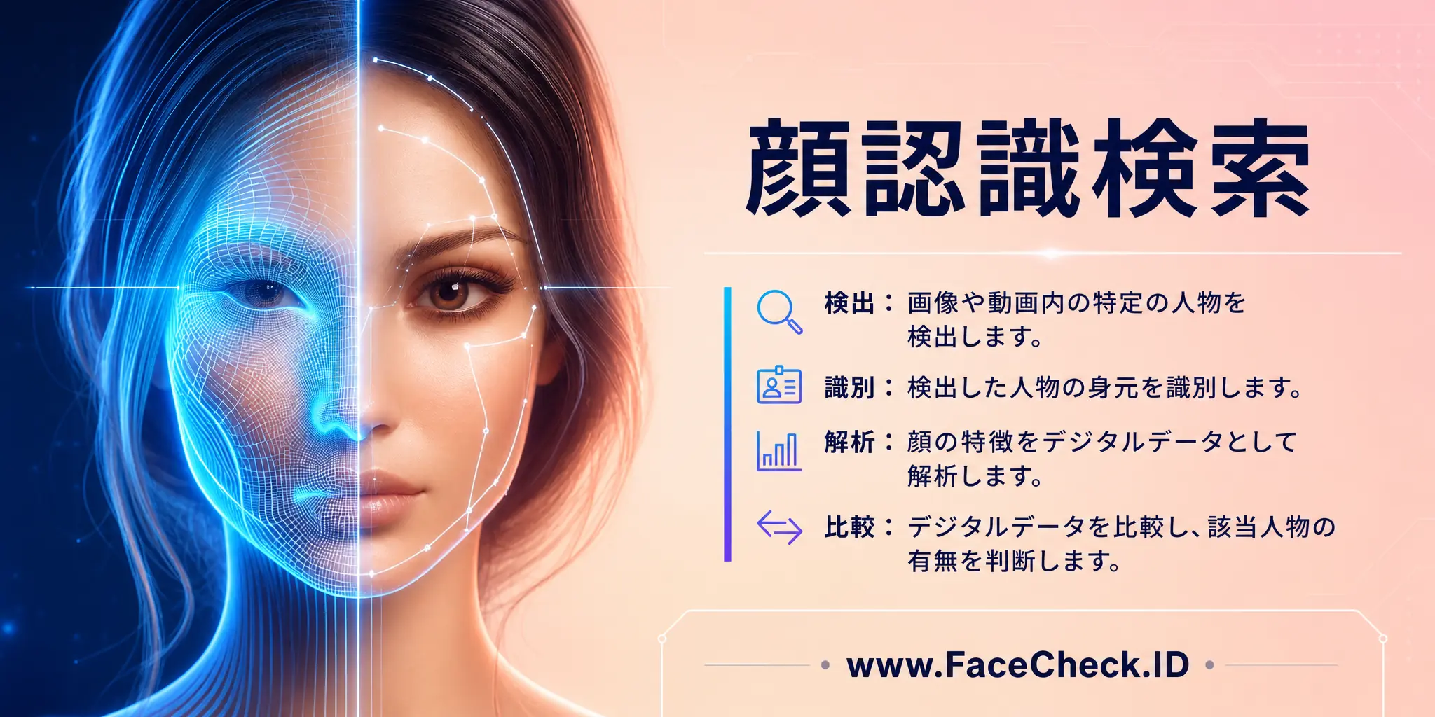 顔認識検索は、画像やビデオ中の特定人物を検出・識別する技術で、デジタルデータとしての顔の特徴を解析・比較し、特定の人物の存在を判断するものです。