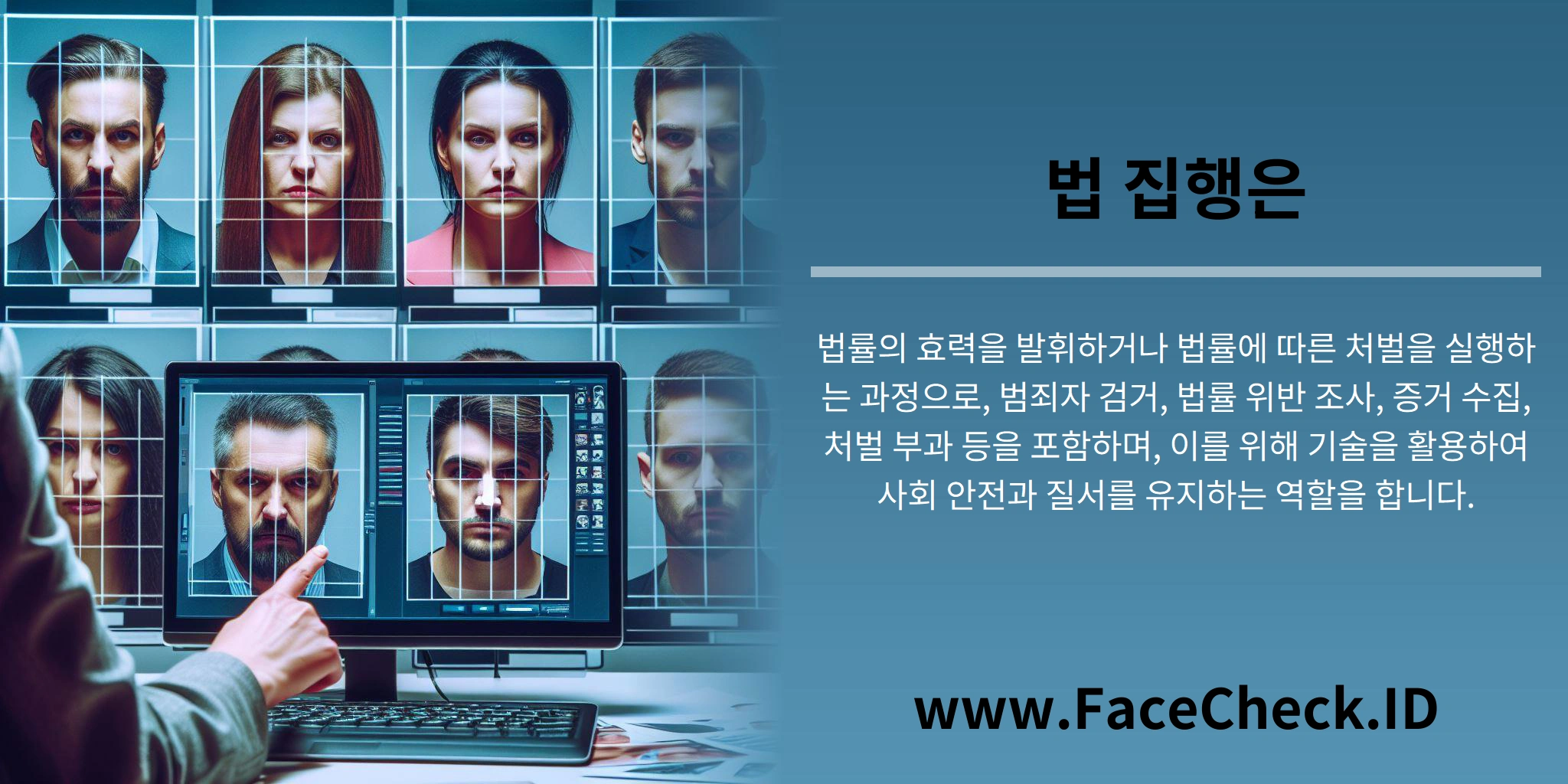 법 집행은 법률의 효력을 발휘하거나 법률에 따른 처벌을 실행하는 과정으로, 범죄자 검거, 법률 위반 조사, 증거 수집, 처벌 부과 등을 포함하며, 이를 위해 기술을 활용하여 사회 안전과 질서를 유지하는 역할을 합니다.