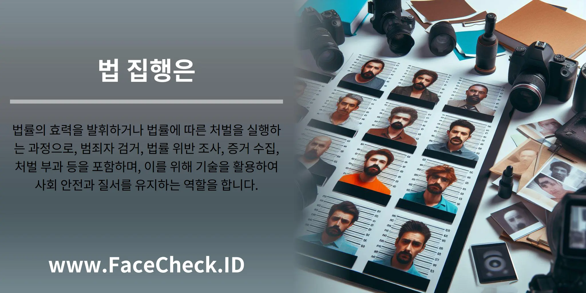 법 집행은 법률의 효력을 발휘하거나 법률에 따른 처벌을 실행하는 과정으로, 범죄자 검거, 법률 위반 조사, 증거 수집, 처벌 부과 등을 포함하며, 이를 위해 기술을 활용하여 사회 안전과 질서를 유지하는 역할을 합니다.