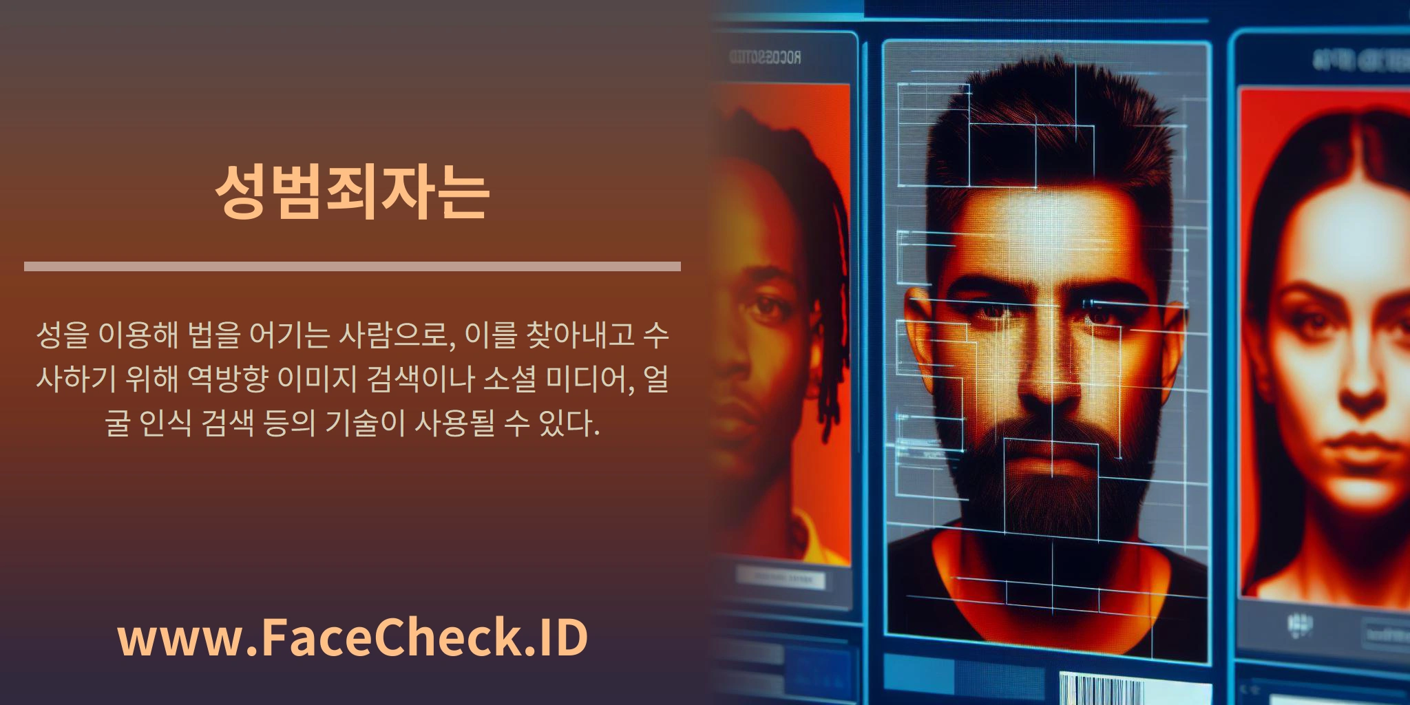 성범죄자는 성을 이용해 법을 어기는 사람으로, 이를 찾아내고 수사하기 위해 역방향 이미지 검색이나 소셜 미디어, 얼굴 인식 검색 등의 기술이 사용될 수 있다.