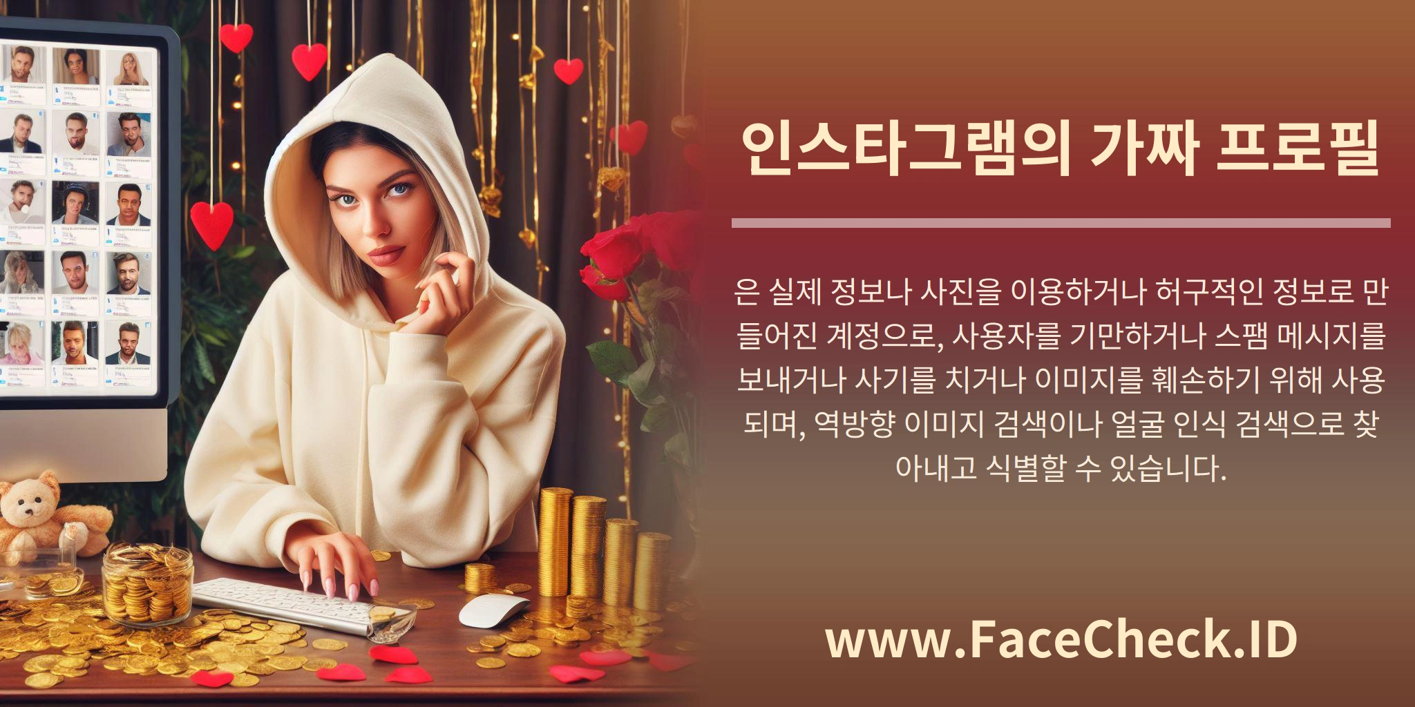 인스타그램의 가짜 프로필은 실제 정보나 사진을 이용하거나 허구적인 정보로 만들어진 계정으로, 사용자를 기만하거나 스팸 메시지를 보내거나 사기를 치거나 이미지를 훼손하기 위해 사용되며, 역방향 이미지 검색이나 얼굴 인식 검색으로 찾아내고 식별할 수 있습니다.